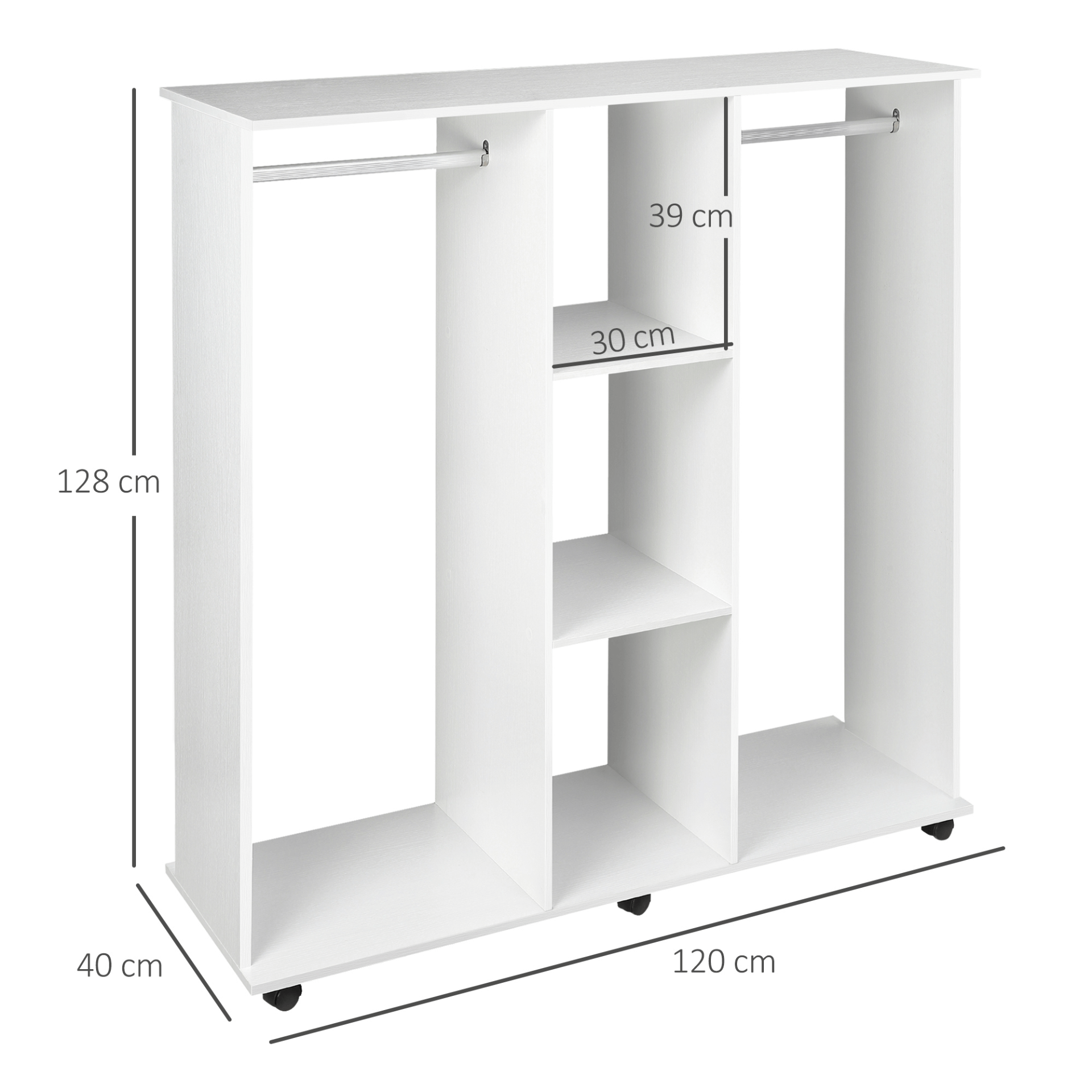 HOMCOM Double Mobile Open Wardrobe, Stylish Storage Solution, Organize your space with the HOMCOM Double Mobile Open Wardrobe, featuring hanging rails and shelves for chic storage in any bedroom.