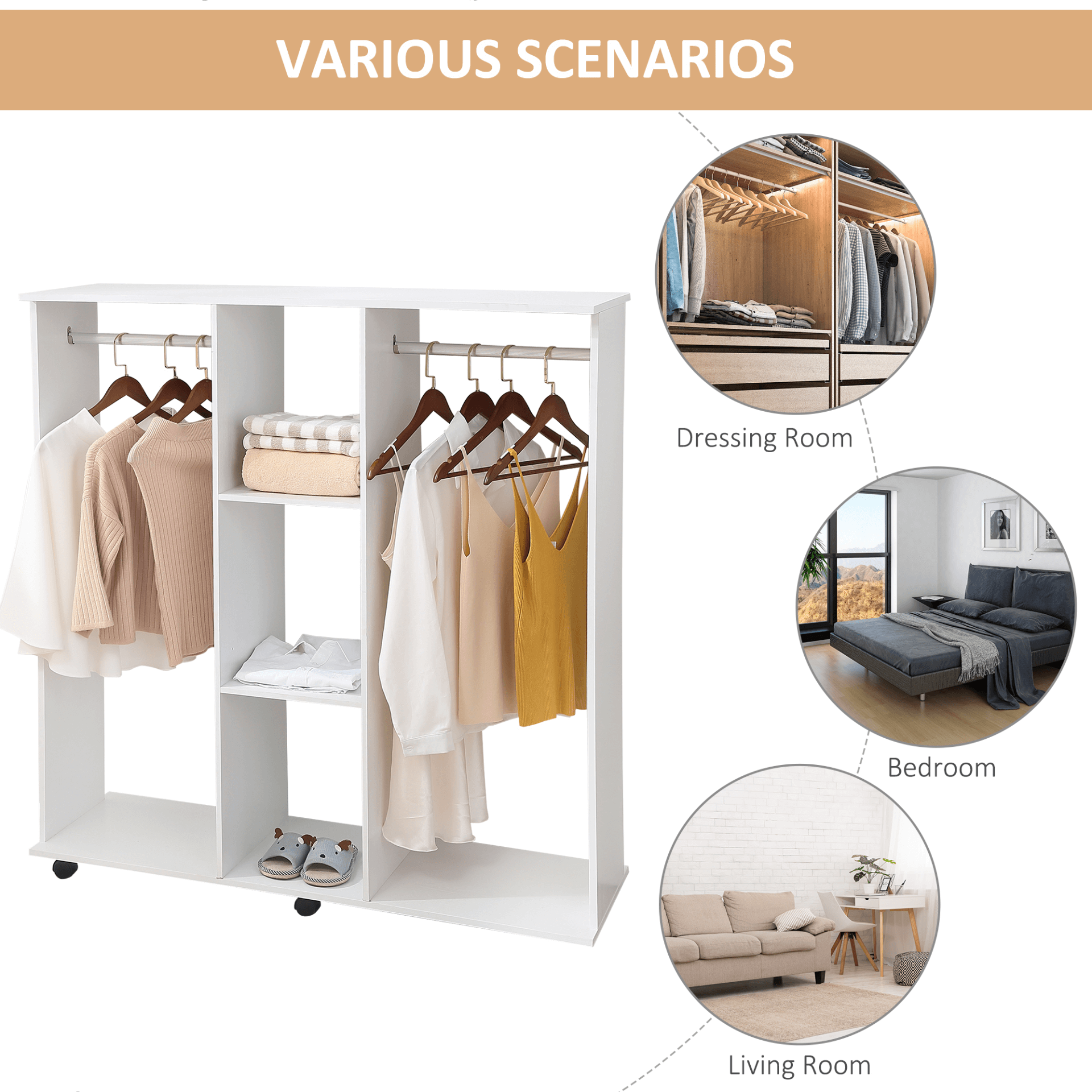 HOMCOM Double Mobile Open Wardrobe, Stylish Storage Solution, Organize your space with the HOMCOM Double Mobile Open Wardrobe, featuring hanging rails and shelves for chic storage in any bedroom.