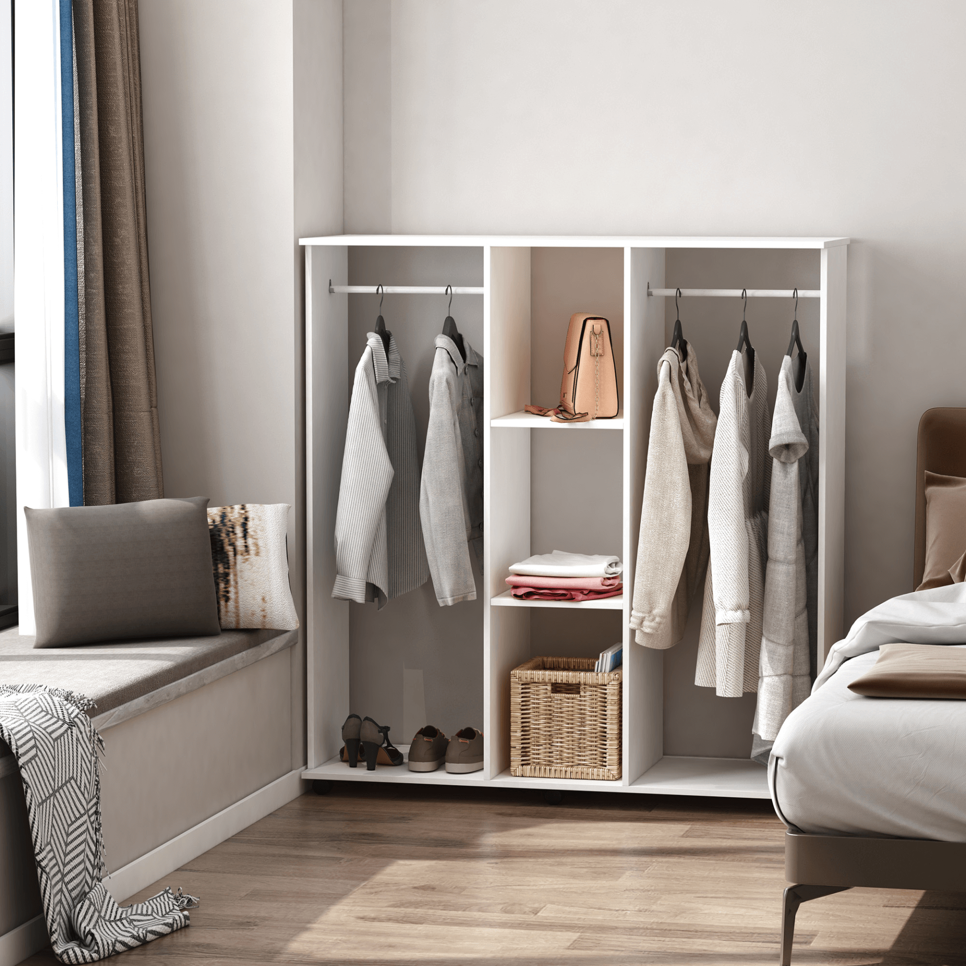 HOMCOM Double Mobile Open Wardrobe, Stylish Storage Solution, Organize your space with the HOMCOM Double Mobile Open Wardrobe, featuring hanging rails and shelves for chic storage in any bedroom.