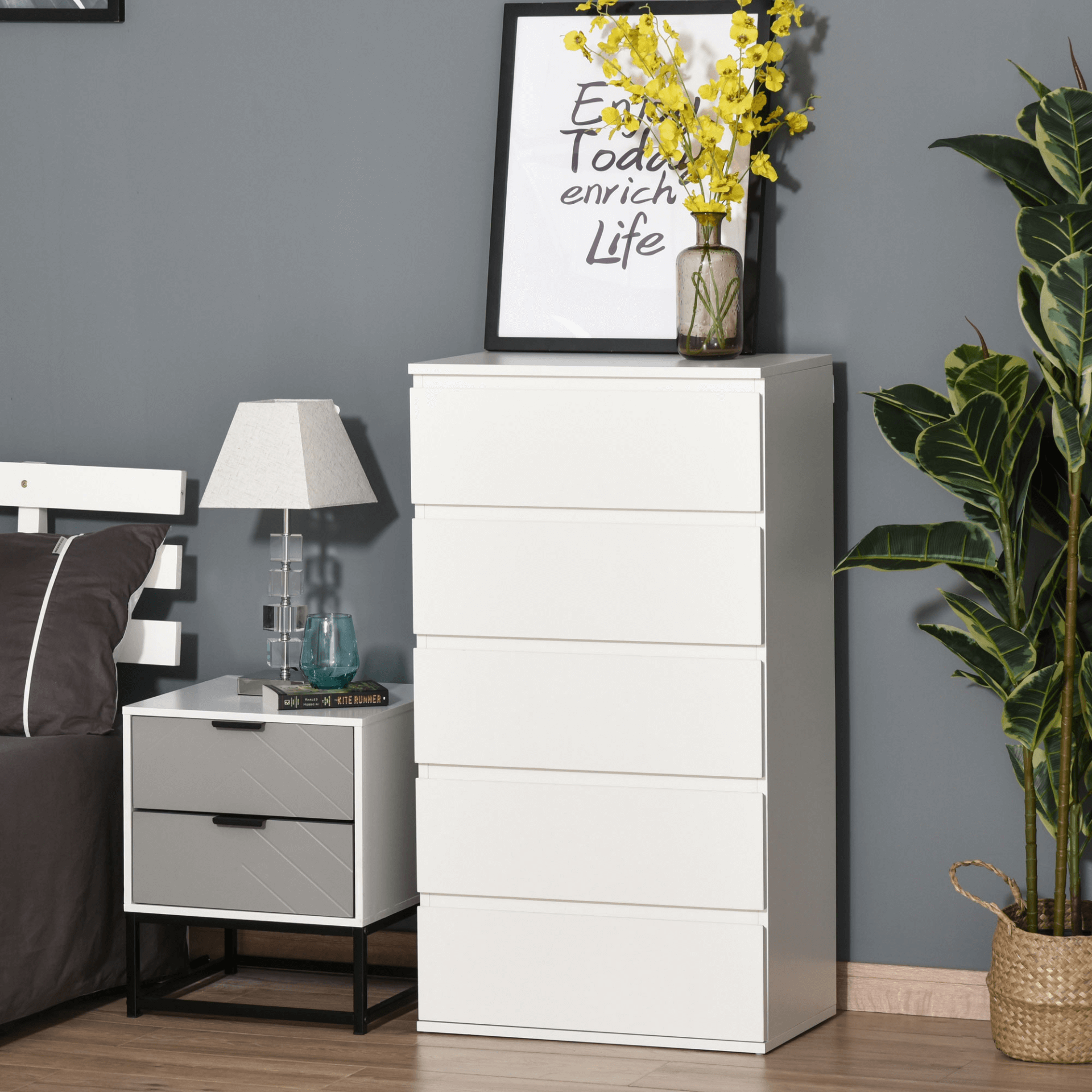 White 5-Drawer Chest – Modern Storage for Home, Upgrade your bedroom with this stylish white 5-drawer chest. Perfect for ample storage of clothes and accessories, adding elegance and functionality.