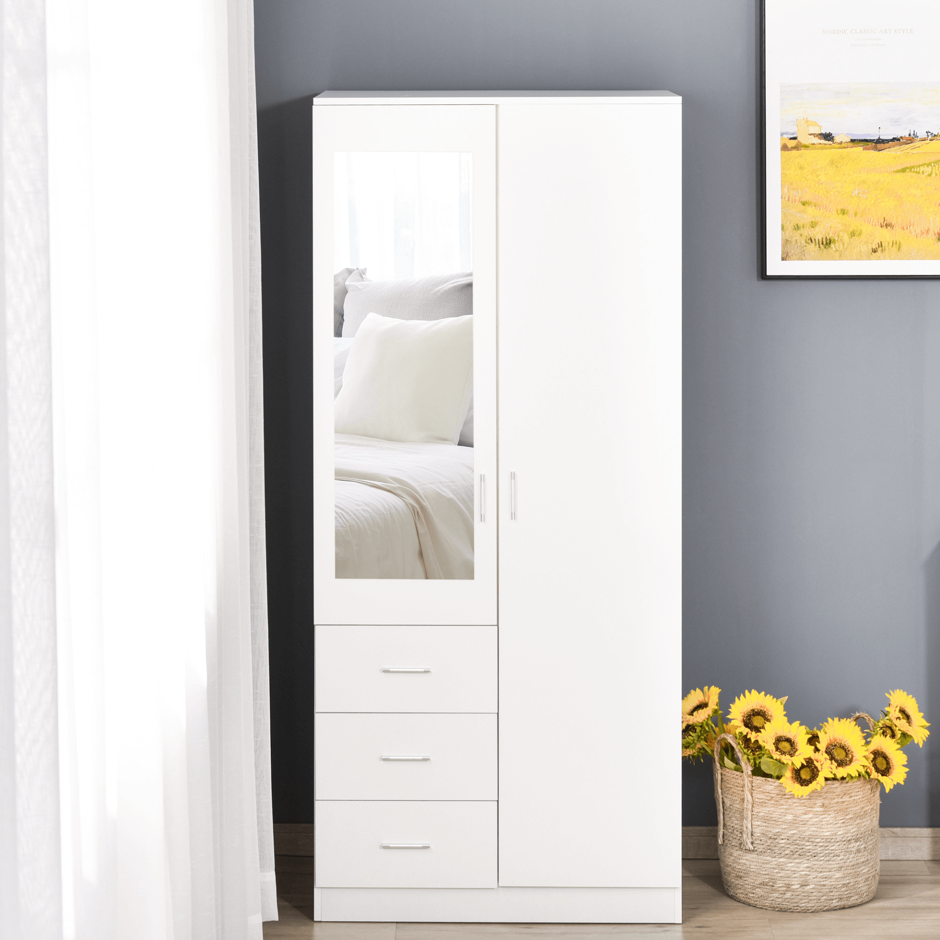 HOMCOM 180cm Modern Mirror Wardrobe - Sleek & Stylish, Organize your space with HOMCOM's modern wardrobe, featuring adjustable shelves, a hanging rail, and 3 drawers for efficient storage.