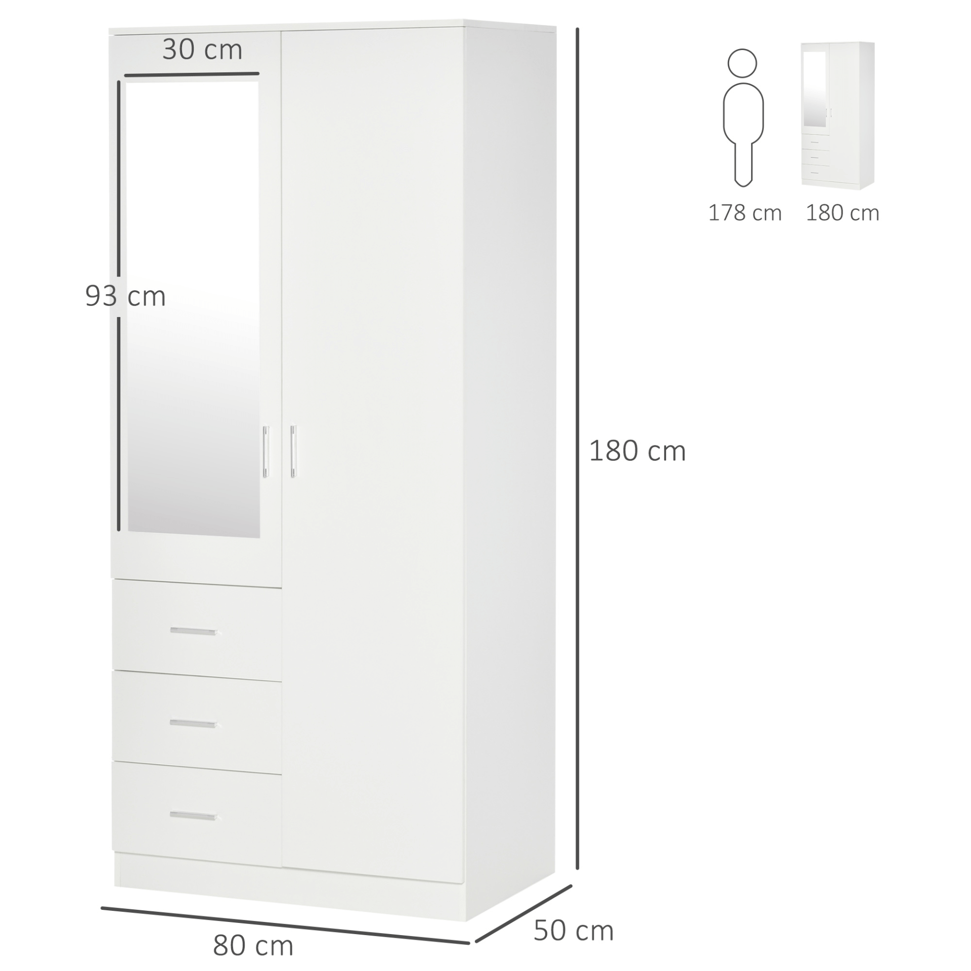 HOMCOM 180cm Modern Mirror Wardrobe - Sleek & Stylish, Organize your space with HOMCOM's modern wardrobe, featuring adjustable shelves, a hanging rail, and 3 drawers for efficient storage.