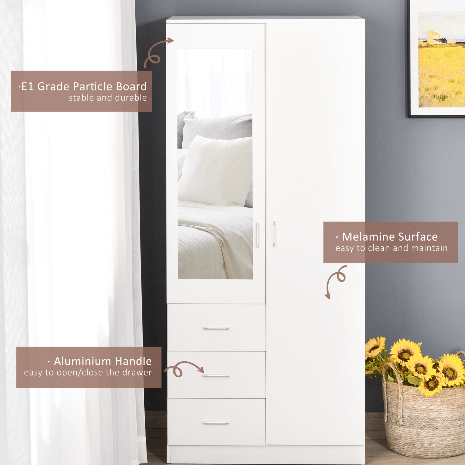 HOMCOM 180cm Modern Mirror Wardrobe - Sleek & Stylish, Organize your space with HOMCOM's modern wardrobe, featuring adjustable shelves, a hanging rail, and 3 drawers for efficient storage.