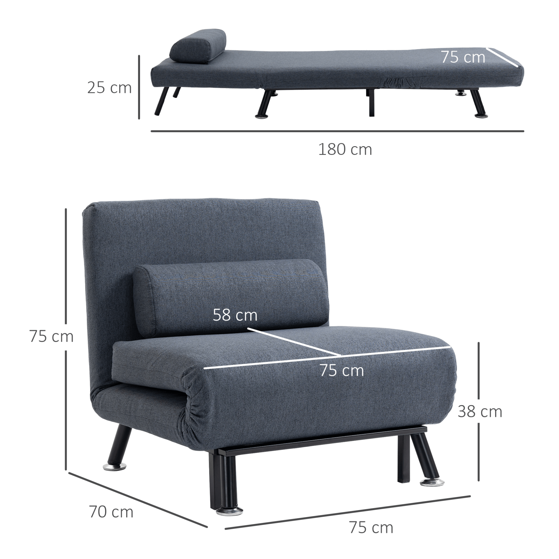 Convertible Single Sofa Bed - Foldable & Portable, Effortlessly switch from sofa to bed. Perfect for small spaces and guests. Sturdy, durable metal frame in dark grey.