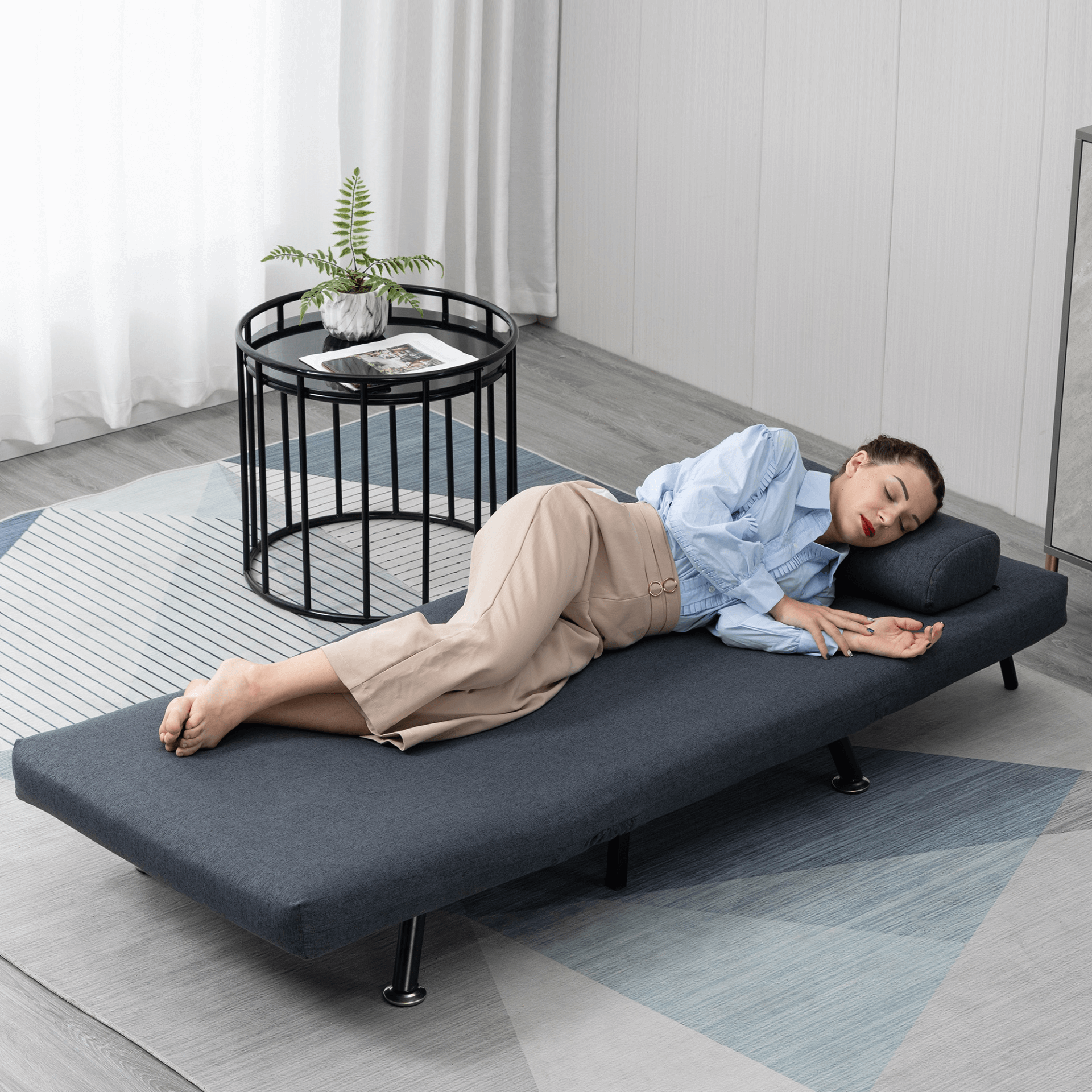 Convertible Single Sofa Bed - Foldable & Portable, Effortlessly switch from sofa to bed. Perfect for small spaces and guests. Sturdy, durable metal frame in dark grey.