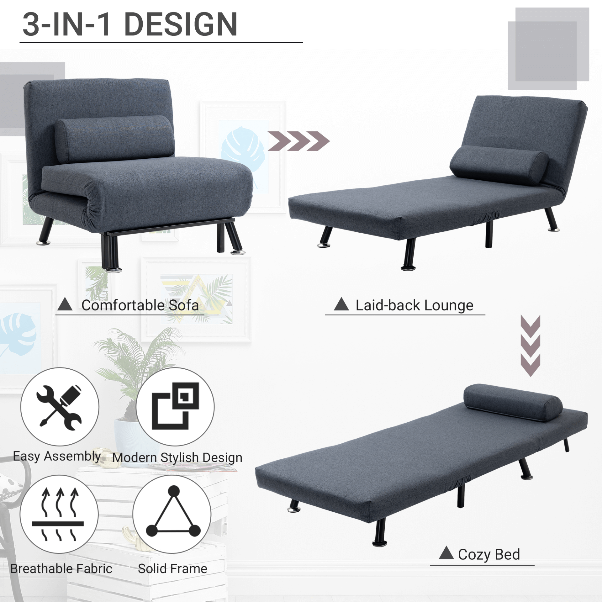 Convertible Single Sofa Bed - Foldable & Portable, Effortlessly switch from sofa to bed. Perfect for small spaces and guests. Sturdy, durable metal frame in dark grey.