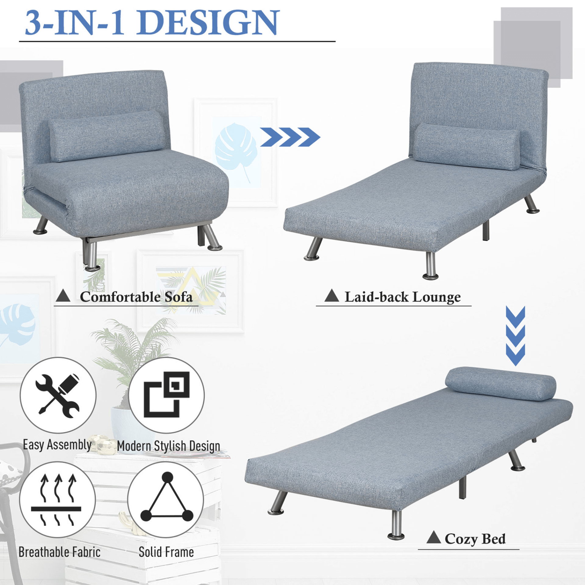 Foldable Single Sofa Bed Sleeper - Blue, Shop the foldable Sofa Bed Sleeper in Blue. Easily converts from a chair to a bed, perfect for small spaces. Durable metal frame and plush padding for comfort.