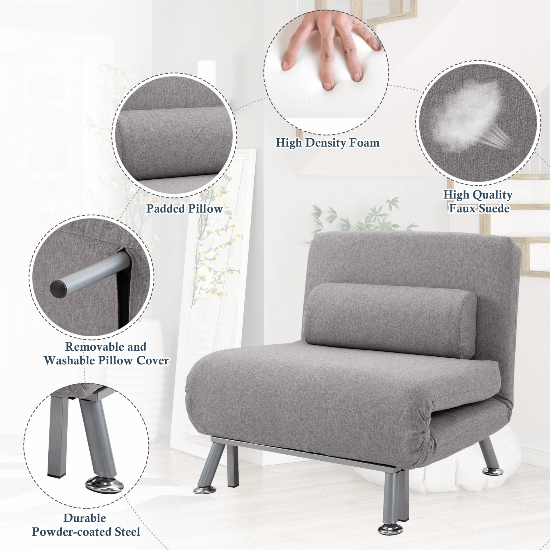 Grey Convertible Single Sofa Bed - Foldable & Portable, Effortlessly switch between a sofa chair and a bed. Ideal for small spaces, guest sleepovers, this sturdy and comfy design is perfect for your living room.