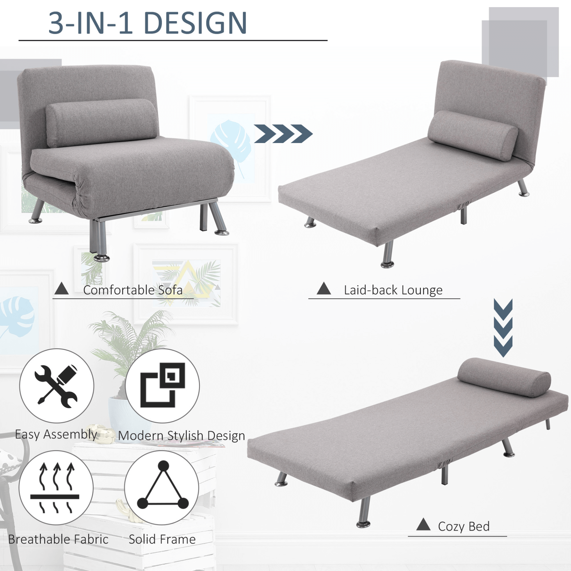 Grey Convertible Single Sofa Bed - Foldable & Portable, Effortlessly switch between a sofa chair and a bed. Ideal for small spaces, guest sleepovers, this sturdy and comfy design is perfect for your living room.