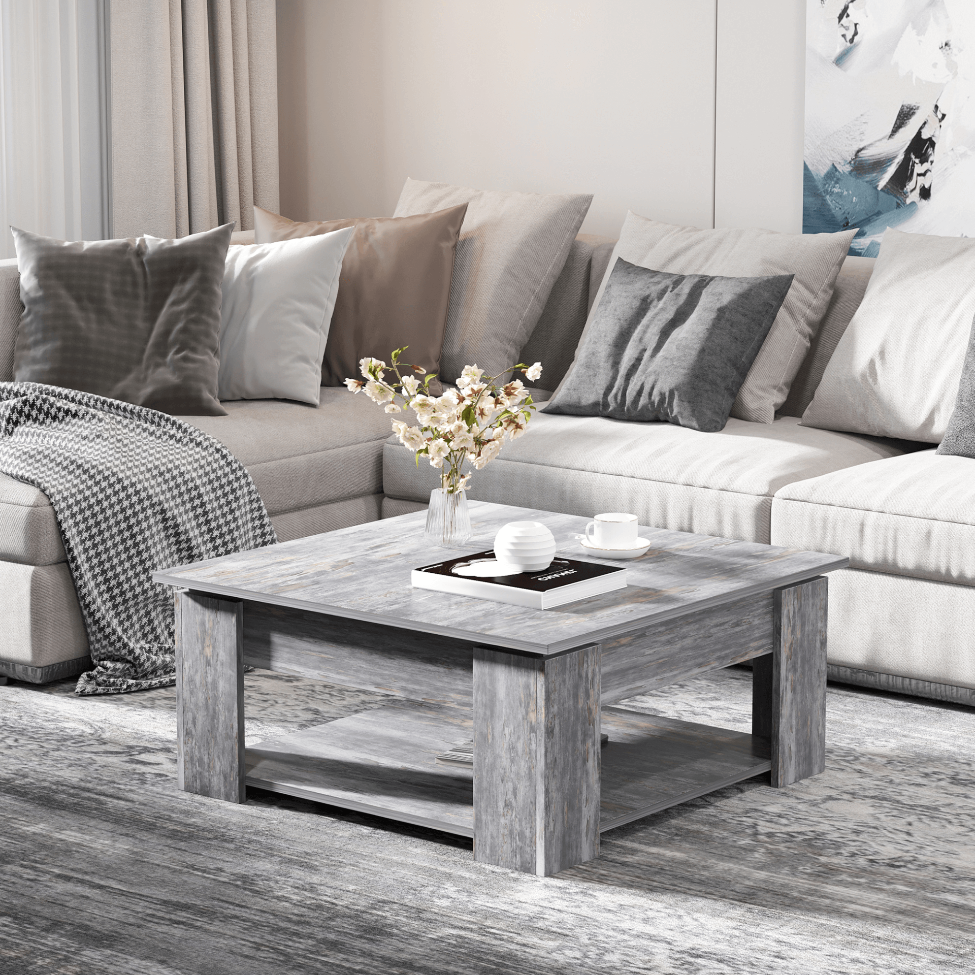 2-Tier Wood Coffee Table with Storage Shelf, Modern grey wood grain coffee table. Stylish, functional design with ample storage for books and magazines. Perfect for your living room.