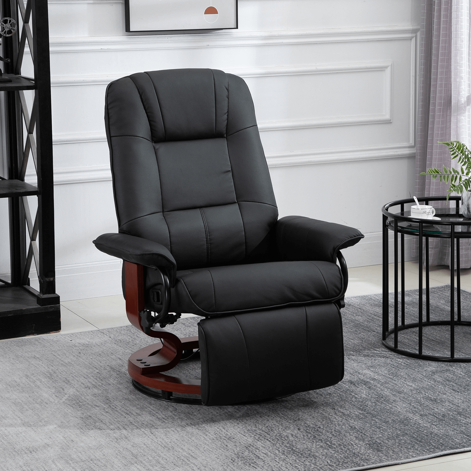 Manual Recliner Chair | Faux Leather Armchair, Discover the perfect black faux leather recliner with a sturdy wooden base for living rooms and bedrooms. Footrest and 145° reclining back for total relaxation.