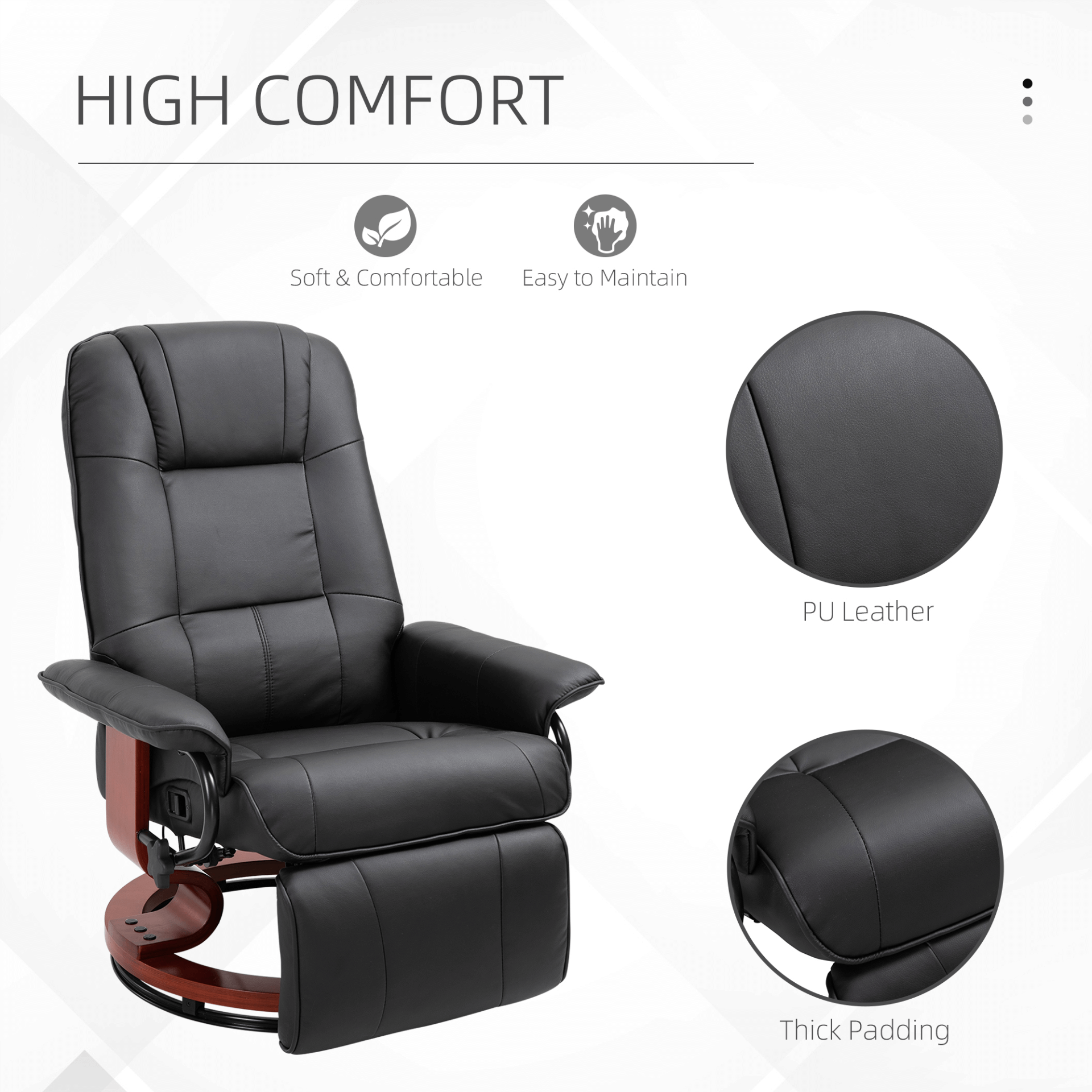 Manual Recliner Chair | Faux Leather Armchair, Discover the perfect black faux leather recliner with a sturdy wooden base for living rooms and bedrooms. Footrest and 145° reclining back for total relaxation.