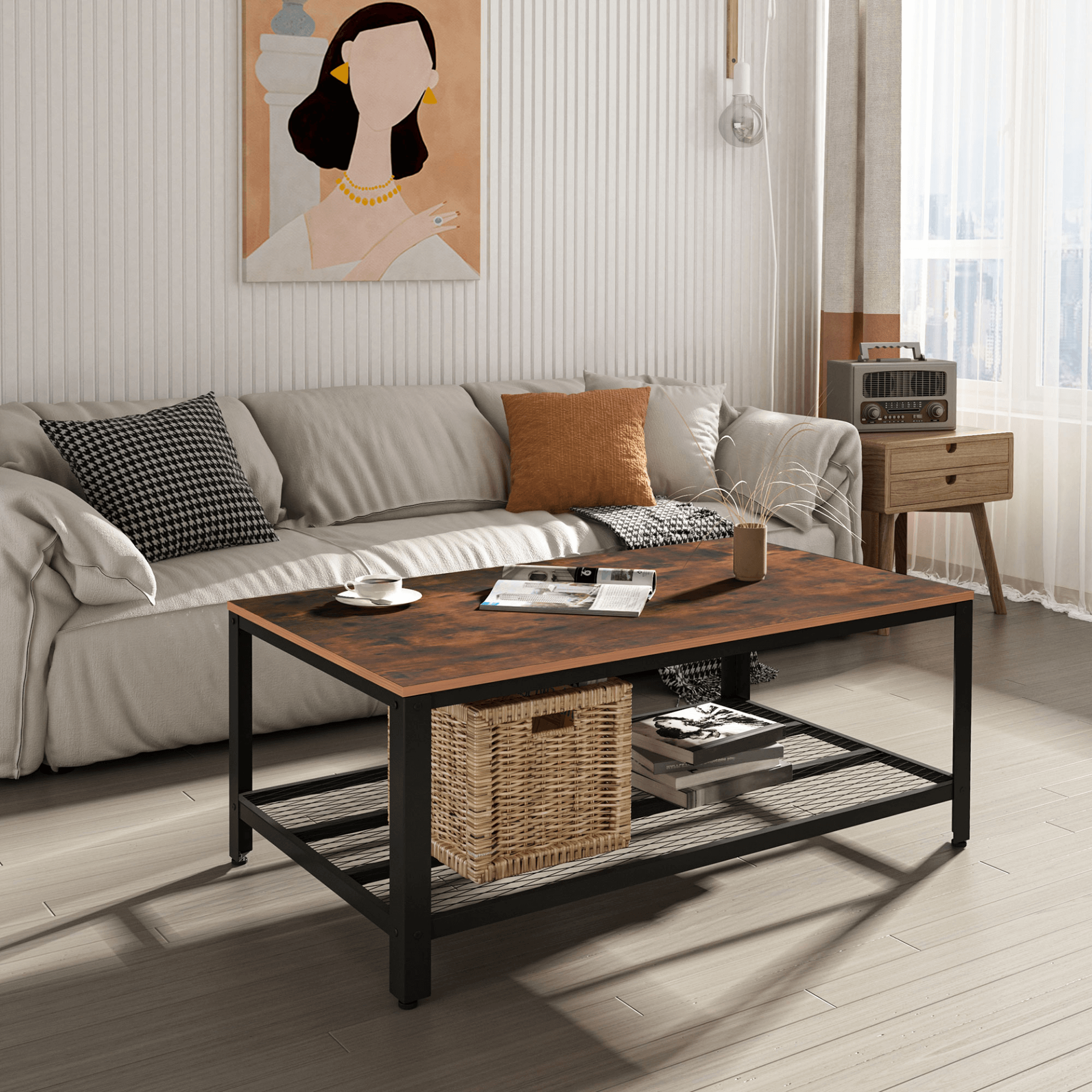 Retro Industrial Coffee Table - Modern Rustic Brown, Upgrade your living room with a retro industrial coffee table. This modern rustic brown side table features a minimal design and metal frame.