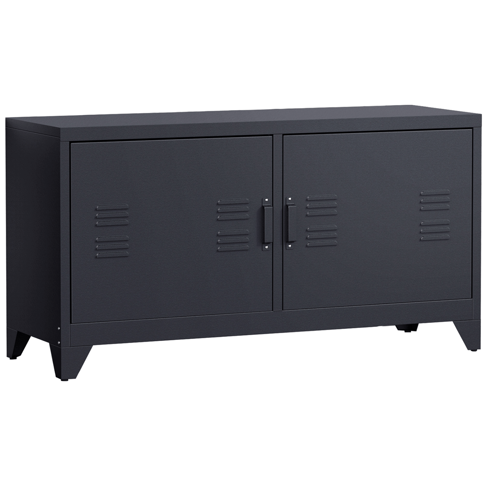 Industrial TV Cabinet Stand - Ample Storage, Black, Stylish media center with steel shelf doors, 4 compartments, and cable management. Ideal for organizing entertainment devices.