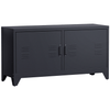 Industrial TV Cabinet Stand - Ample Storage, Black, Stylish media center with steel shelf doors, 4 compartments, and cable management. Ideal for organizing entertainment devices.