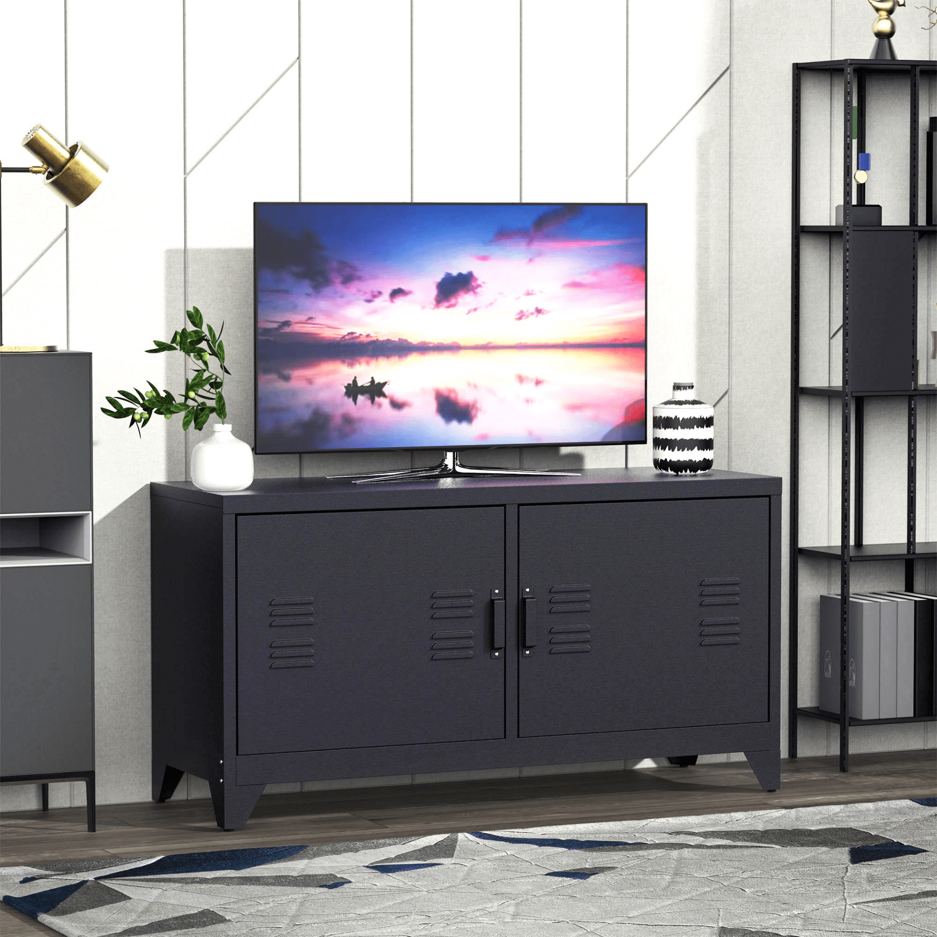 Industrial TV Cabinet Stand - Ample Storage, Black, Stylish media center with steel shelf doors, 4 compartments, and cable management. Ideal for organizing entertainment devices.