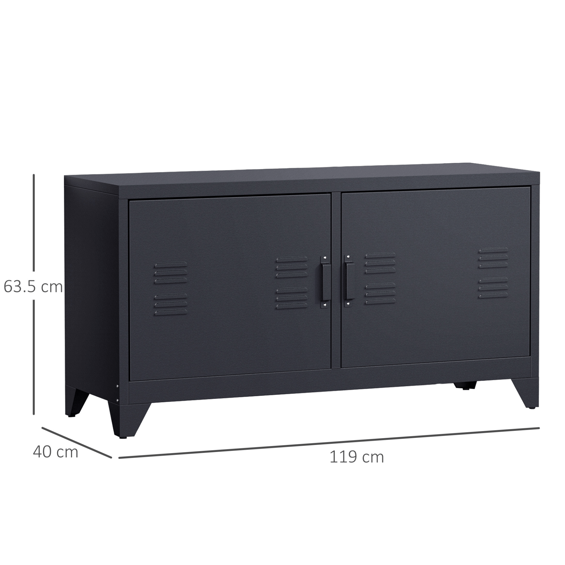 Industrial TV Cabinet Stand - Ample Storage, Black, Stylish media center with steel shelf doors, 4 compartments, and cable management. Ideal for organizing entertainment devices.