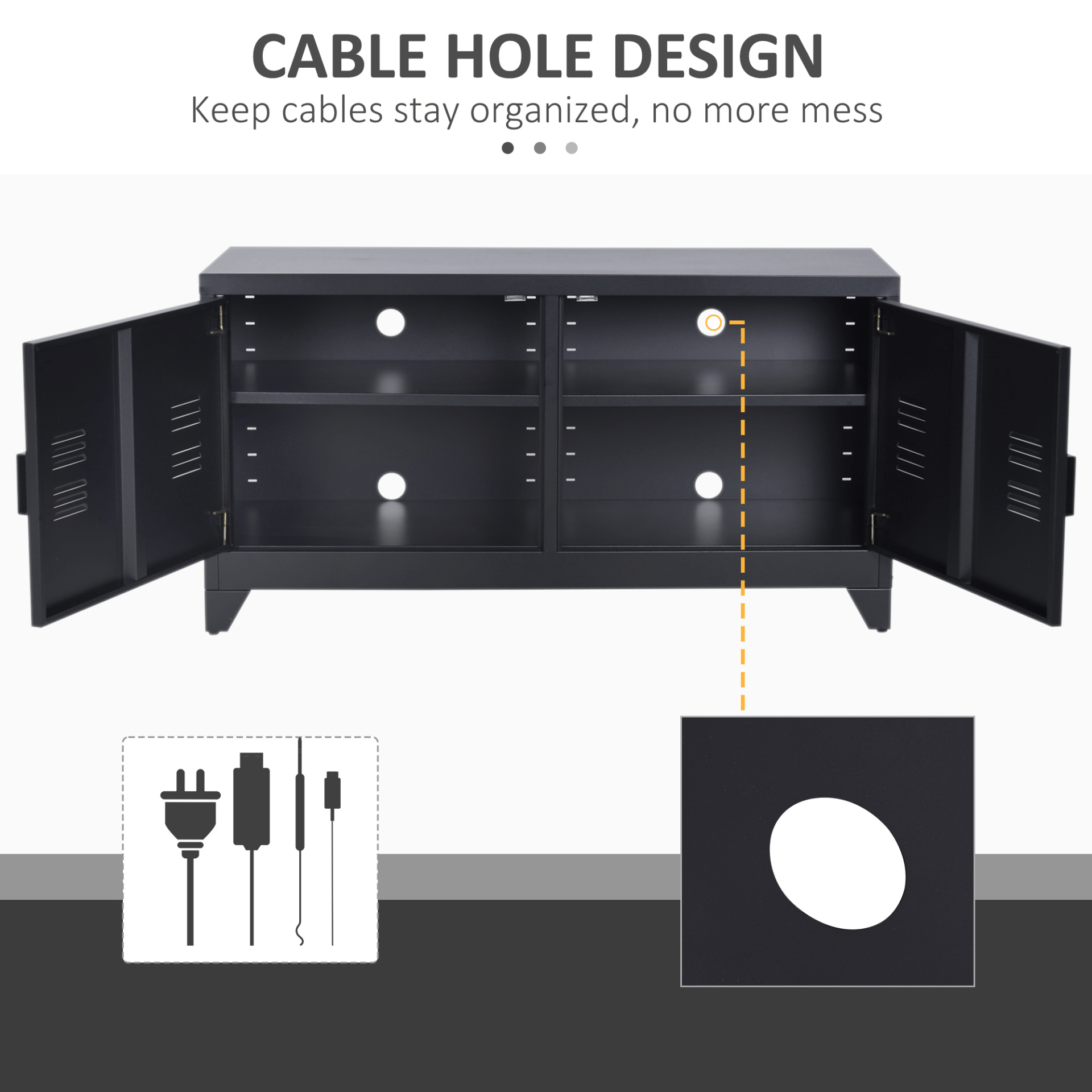 Industrial TV Cabinet Stand - Ample Storage, Black, Stylish media center with steel shelf doors, 4 compartments, and cable management. Ideal for organizing entertainment devices.