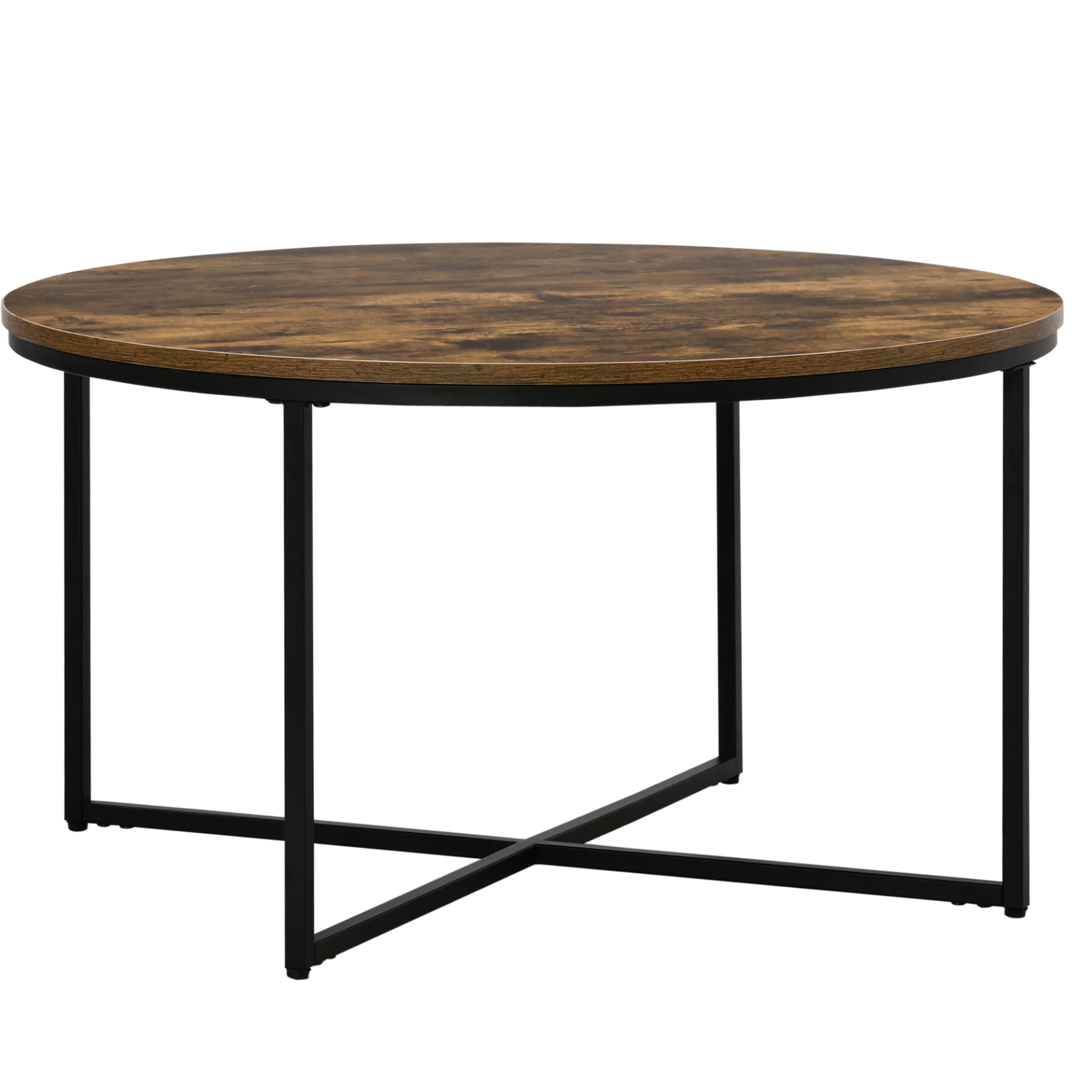 Industrial Round Coffee Table – Rustic Brown, Large, Sturdy, Industrial style coffee table with wood grain surface & metal frame. Spacious tabletop for living room, safe for family settings, durable construction.