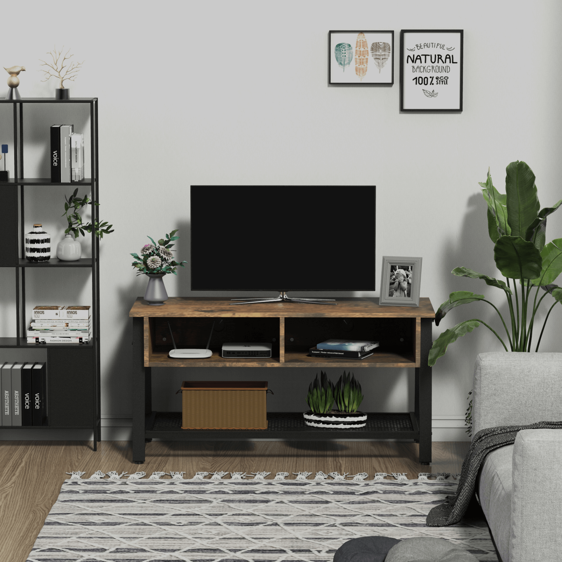 Industrial TV Stand for TVs up to 45 Inches, Elevate your living room with a modern, sturdy, and stylish industrial TV stand. Perfect for TVs up to 45 inches, with three-part storage for added convenience.