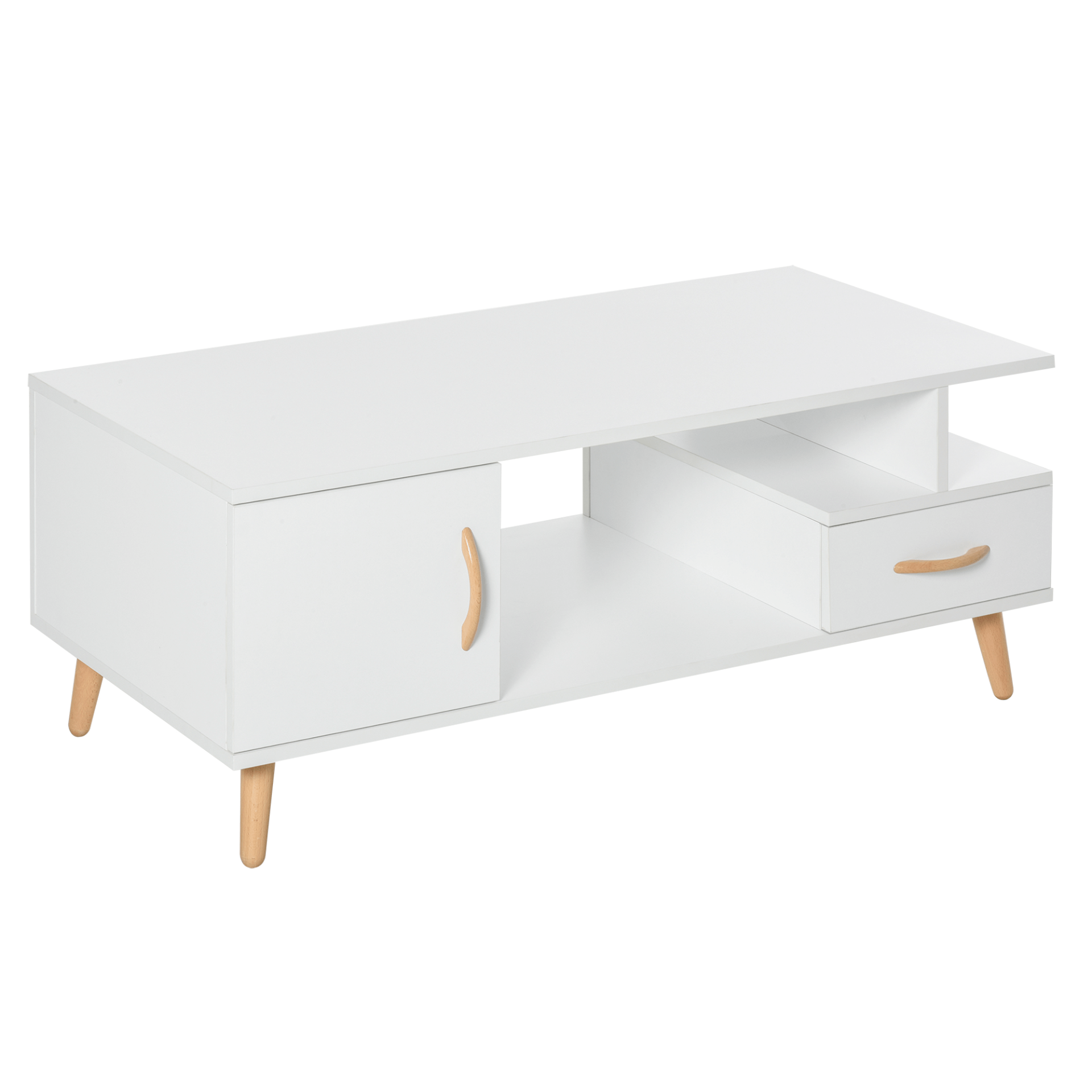 Modern Minimalist Coffee Table with Storage - White, Enhance your living space with a stylish, modern coffee table featuring a two-layer design, middle storage, shelf, and drawer. Ideal for contemporary homes.