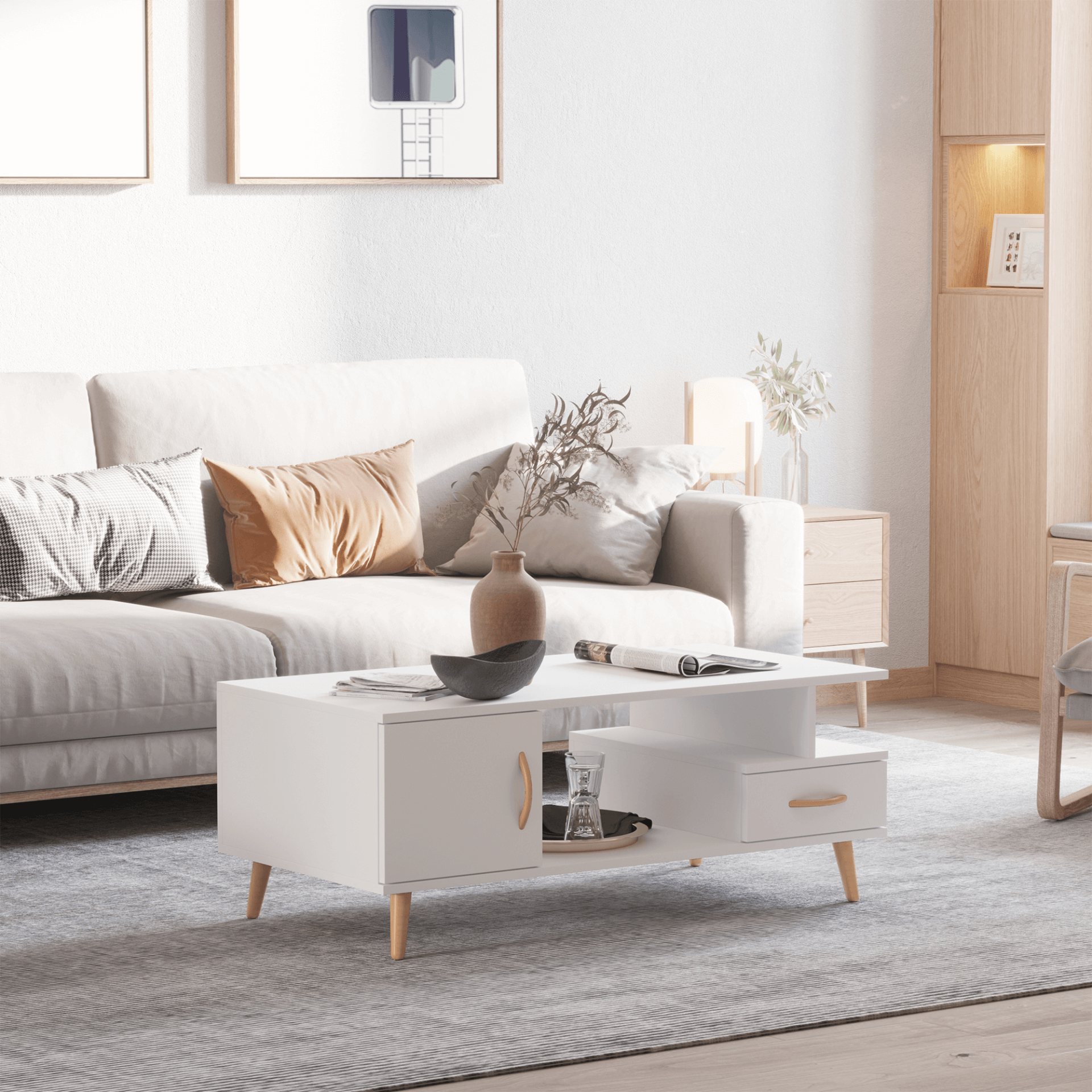 Modern Minimalist Coffee Table with Storage - White, Enhance your living space with a stylish, modern coffee table featuring a two-layer design, middle storage, shelf, and drawer. Ideal for contemporary homes.