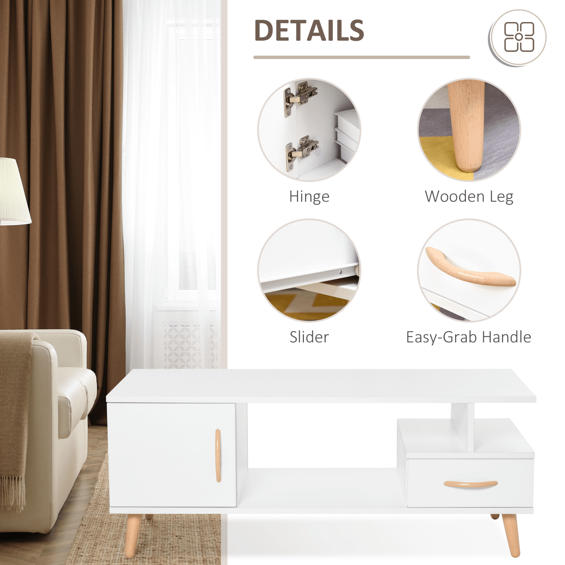 Modern Minimalist Coffee Table with Storage - White, Enhance your living space with a stylish, modern coffee table featuring a two-layer design, middle storage, shelf, and drawer. Ideal for contemporary homes.