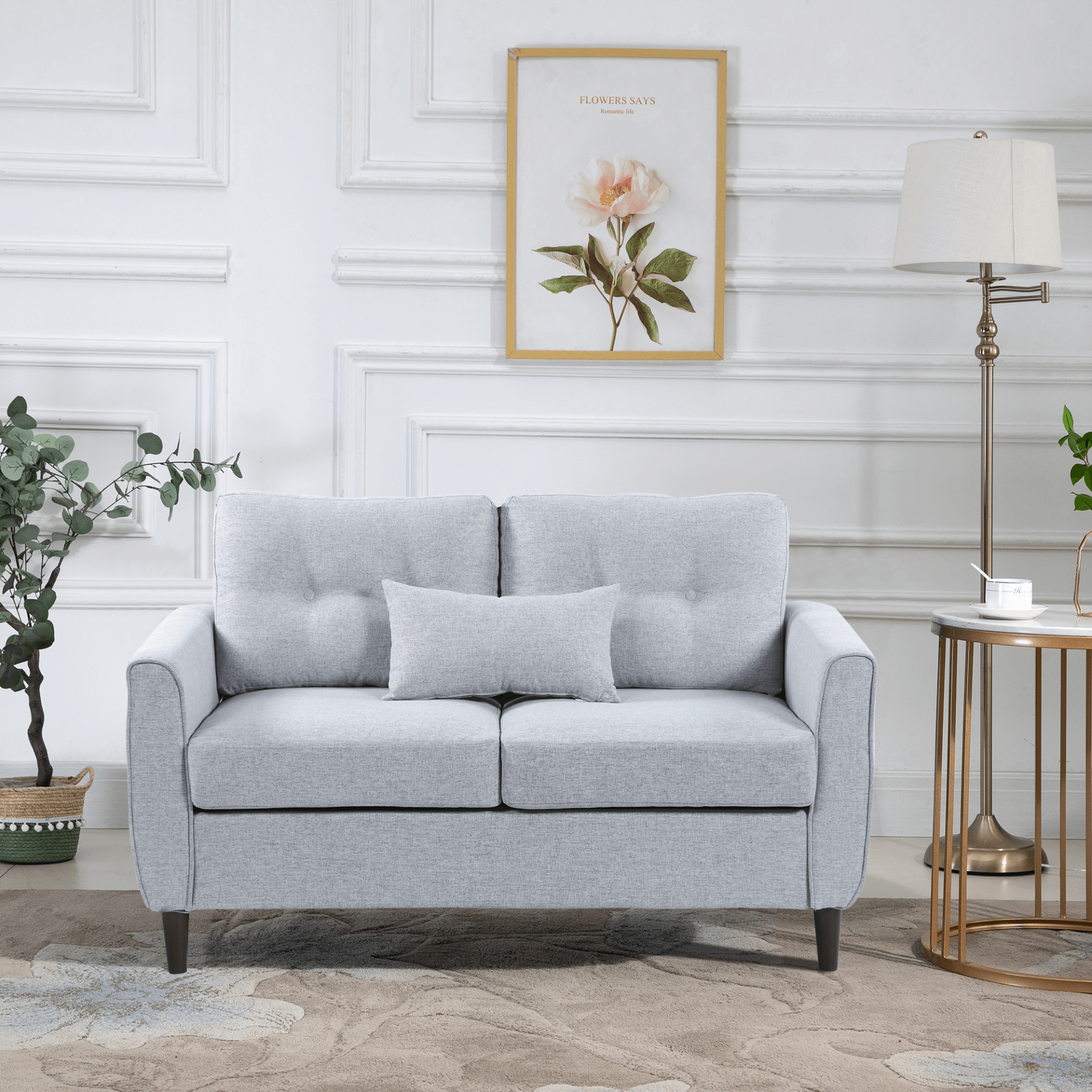 Elegant Light Grey 2 Seat Loveseat with Wooden Legs, Discover versatile comfort with our tufted loveseat sofa. Perfect for living rooms and offices. Featuring thick cushions and breathable linen upholstery.