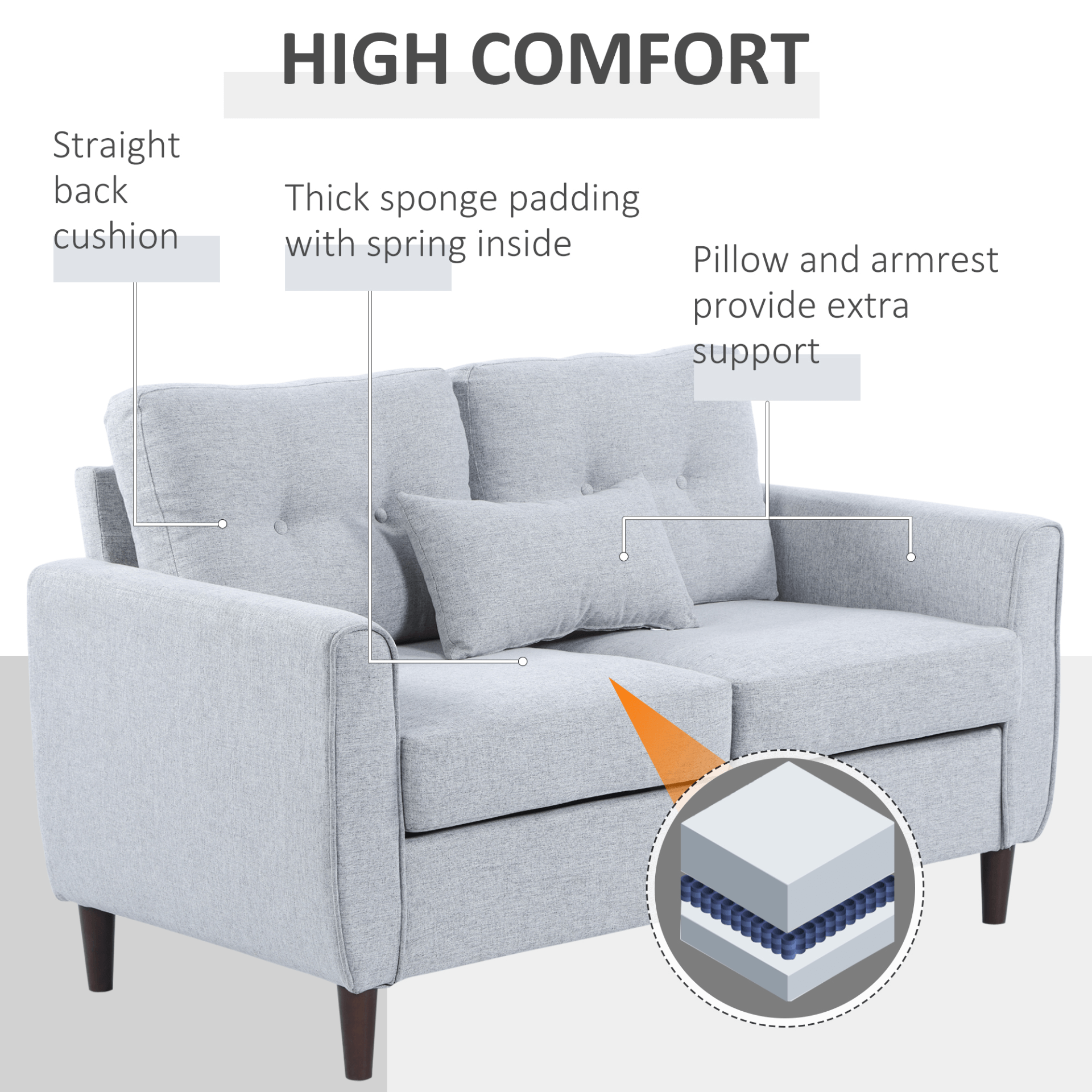 Elegant Light Grey 2 Seat Loveseat with Wooden Legs, Discover versatile comfort with our tufted loveseat sofa. Perfect for living rooms and offices. Featuring thick cushions and breathable linen upholstery.