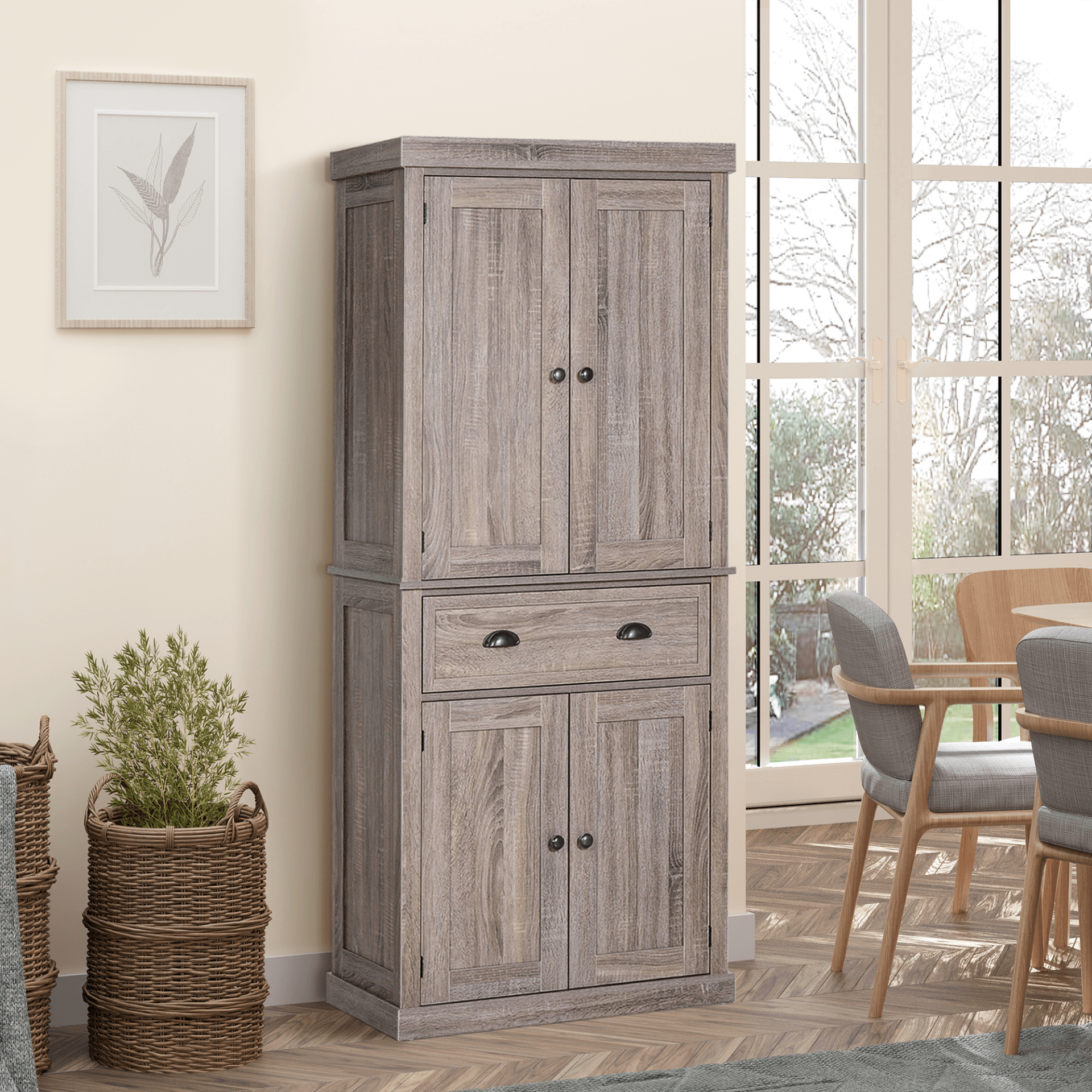 HOMCOM Colonial Kitchen Cupboard - Dark Wood Grain, Elevate your kitchen with the HOMCOM Traditional Colonial Cupboard. Stylish freestanding storage with adjustable shelves for ultimate organization.