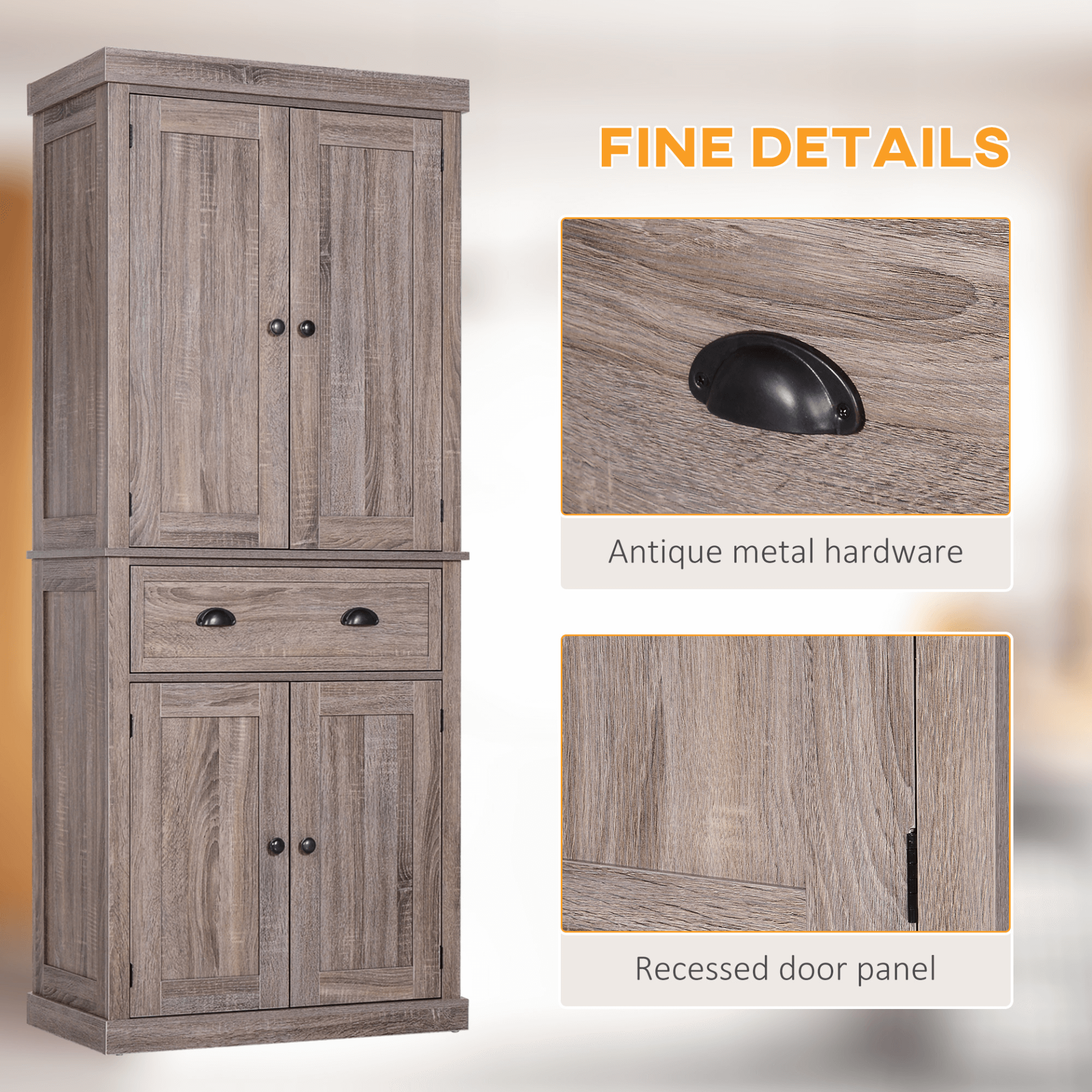 HOMCOM Colonial Kitchen Cupboard - Dark Wood Grain, Elevate your kitchen with the HOMCOM Traditional Colonial Cupboard. Stylish freestanding storage with adjustable shelves for ultimate organization.