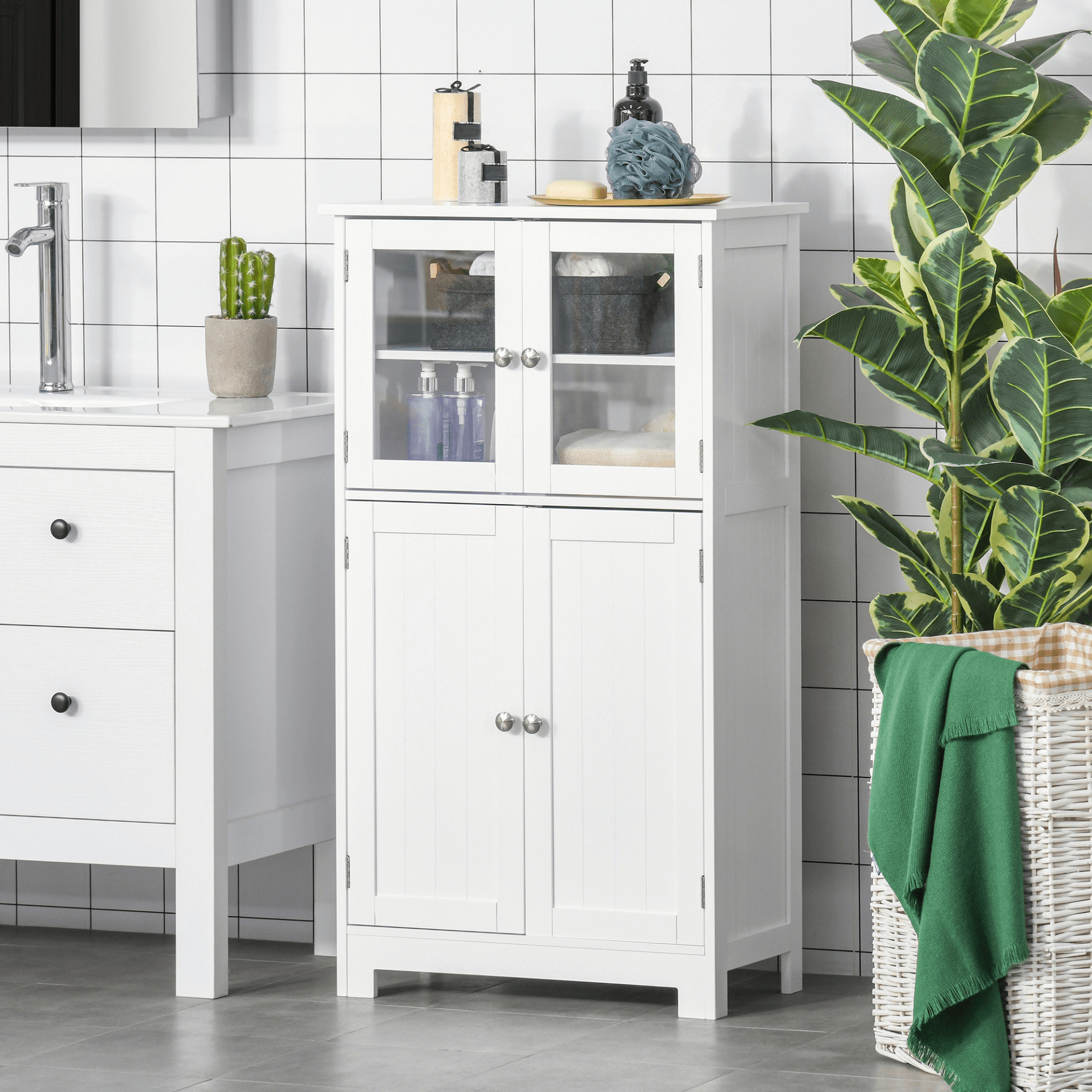 Elegant White Bathroom Storage Cabinet - kleankin, Organize your space with the kleankin White Bathroom Cabinet featuring tempered glass doors and an adjustable shelf for versatile storage.