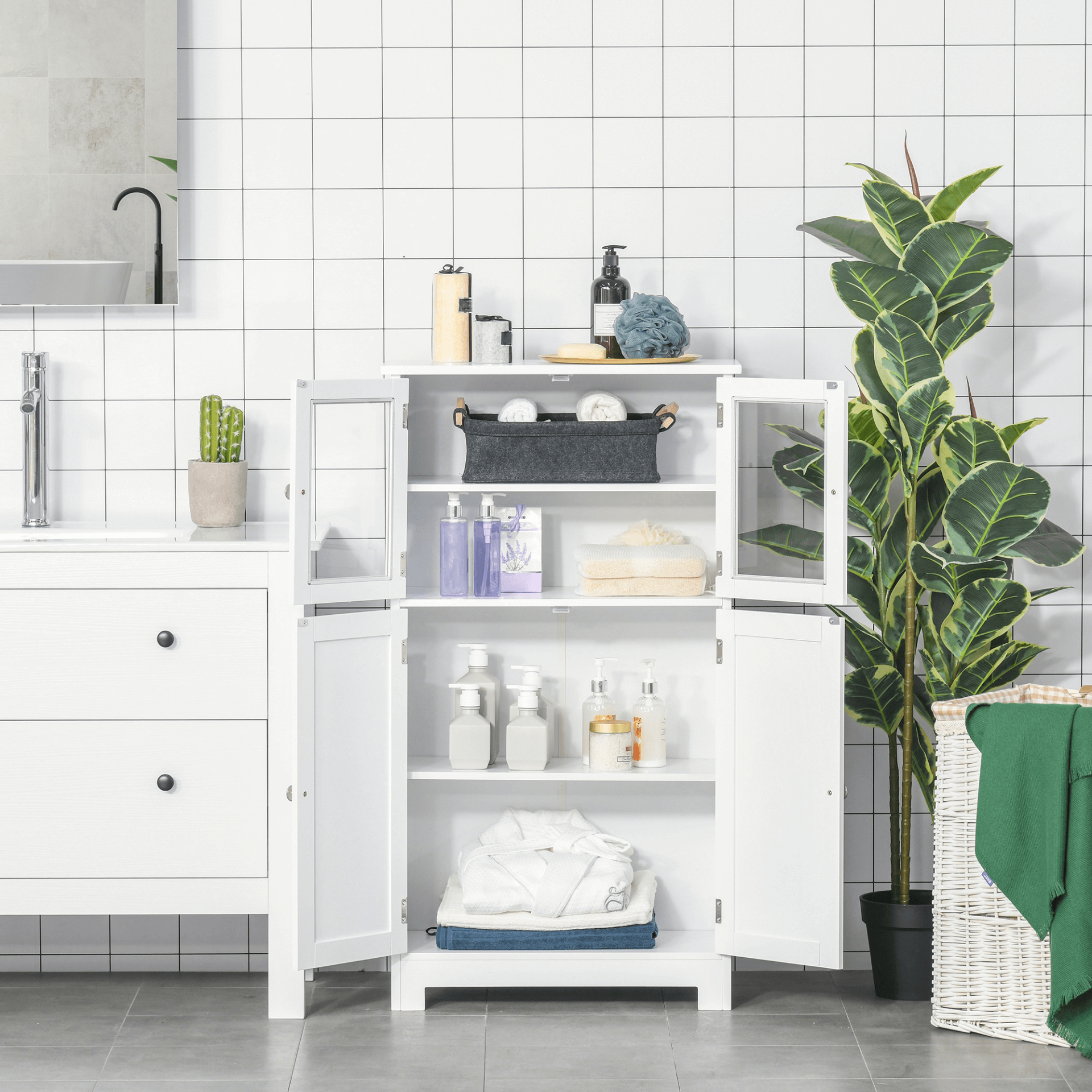 Elegant White Bathroom Storage Cabinet - kleankin, Organize your space with the kleankin White Bathroom Cabinet featuring tempered glass doors and an adjustable shelf for versatile storage.