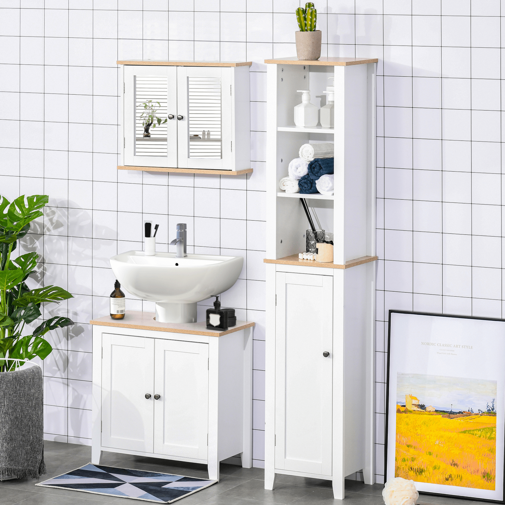 kleankin White Bathroom Sink Cabinet with Storage, Optimize your bathroom space with the kleankin sink cabinet, featuring adjustable shelf and floor storage to accommodate sink pipes effortlessly.