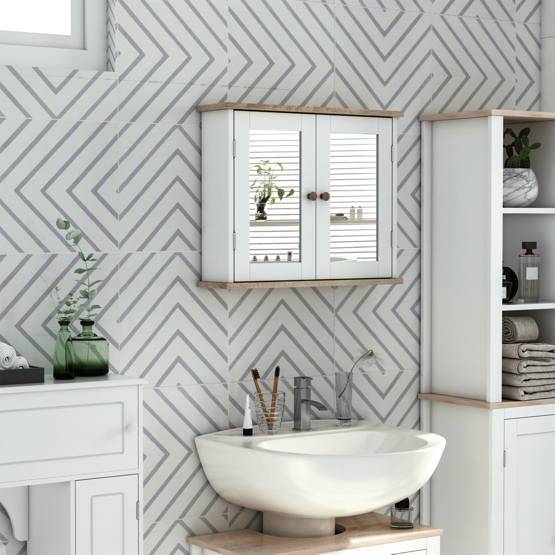 Kleankin Modern Bathroom Mirror Cabinet - White Finish, Elevate your bathroom with the Kleankin Mirror Cabinet featuring double mirror doors and adjustable shelves for stylish, space-saving storage.