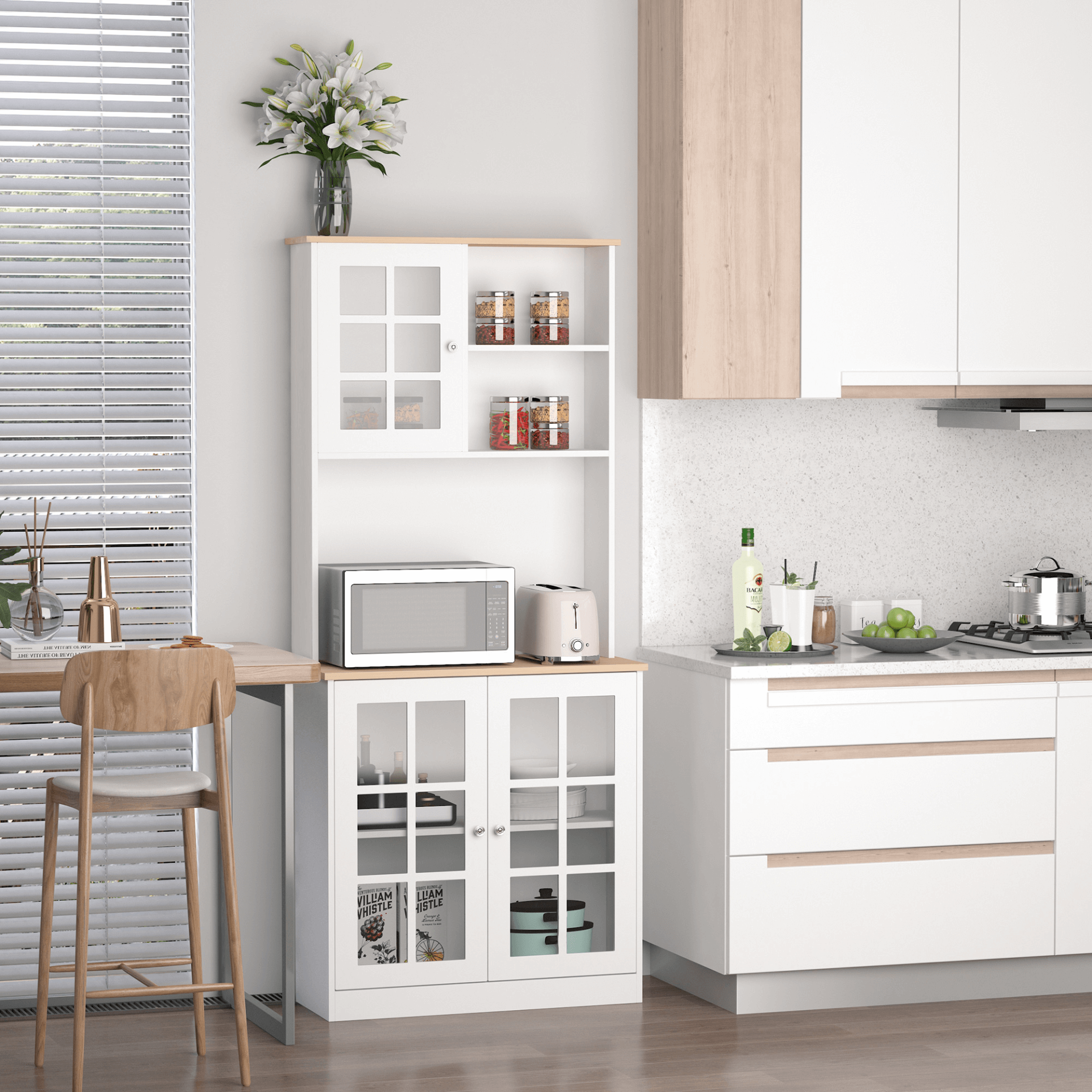 Elegant HOMCOM Kitchen Cupboard with Adjustable Shelves, Upgrade your kitchen with the versatile HOMCOM Freestanding Cupboard, featuring stylish glass doors and ample storage space.