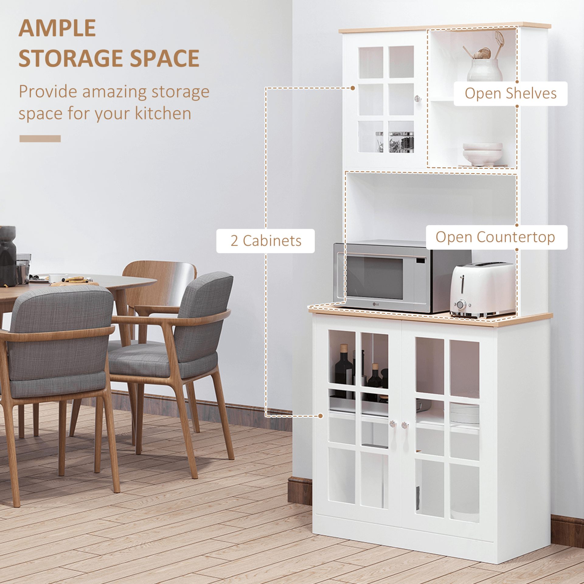 Elegant HOMCOM Kitchen Cupboard with Adjustable Shelves, Upgrade your kitchen with the versatile HOMCOM Freestanding Cupboard, featuring stylish glass doors and ample storage space.