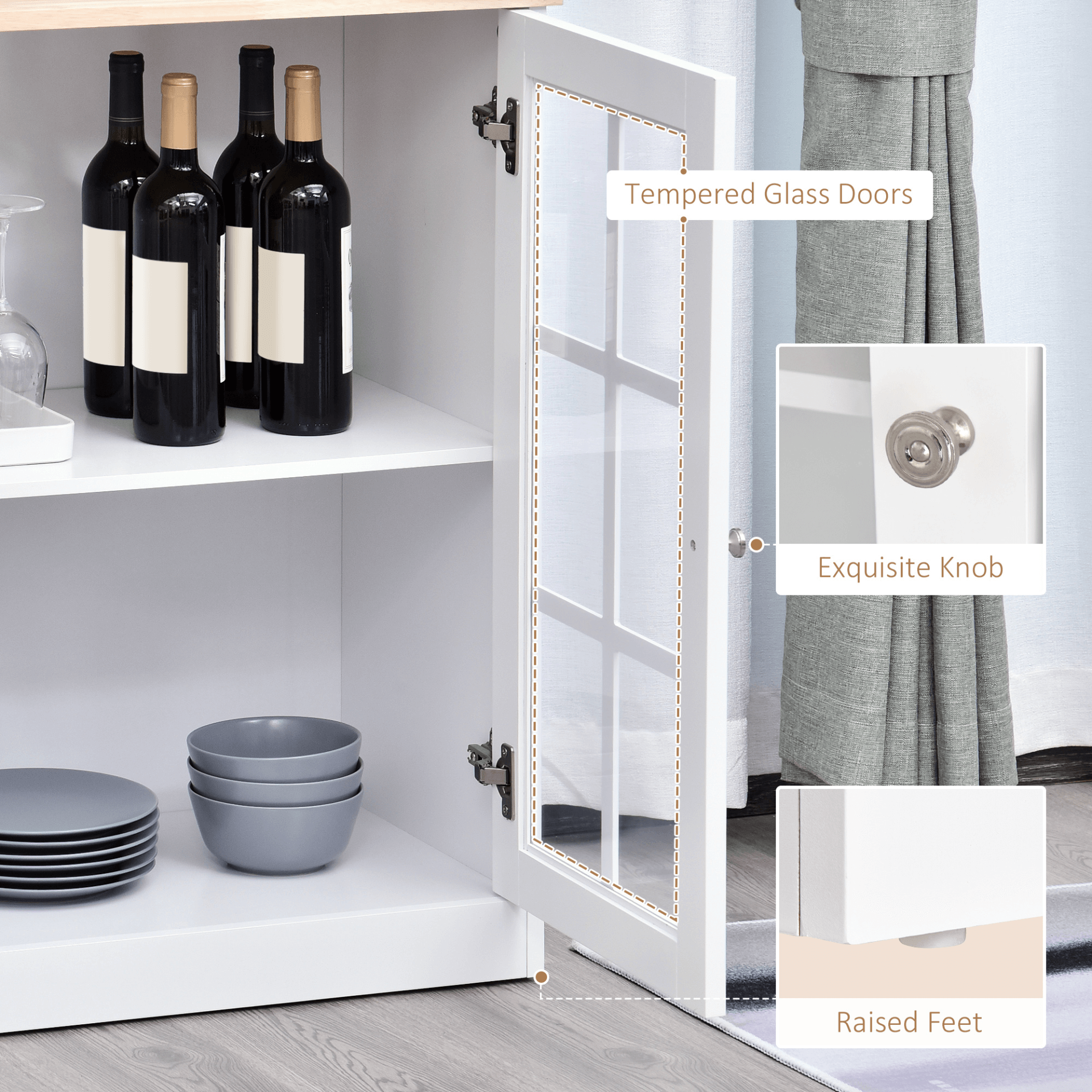 Elegant HOMCOM Kitchen Cupboard with Adjustable Shelves, Upgrade your kitchen with the versatile HOMCOM Freestanding Cupboard, featuring stylish glass doors and ample storage space.