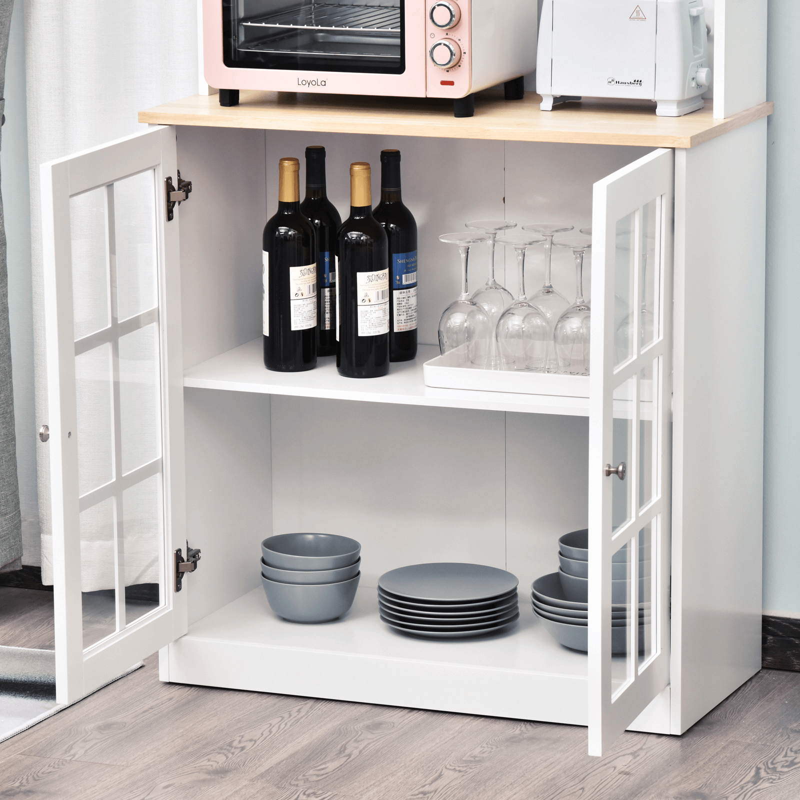 Elegant HOMCOM Kitchen Cupboard with Adjustable Shelves, Upgrade your kitchen with the versatile HOMCOM Freestanding Cupboard, featuring stylish glass doors and ample storage space.