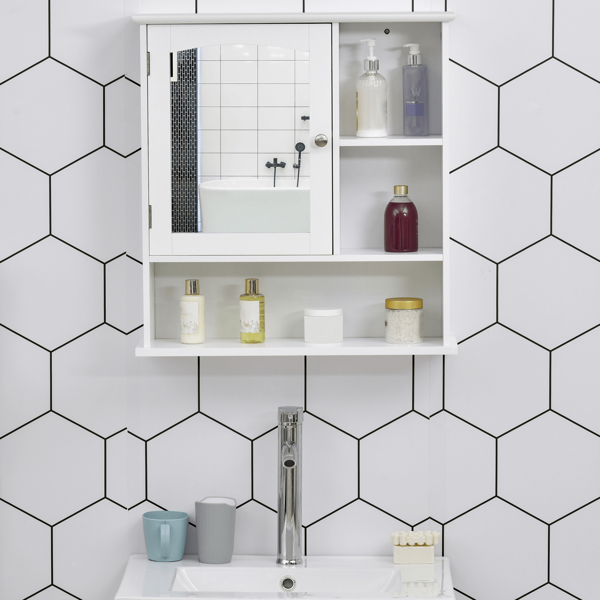 Wall Mount Bathroom Cabinet with Adjustable Shelves, White cabinet with mirror and adjustable shelves, perfect for bathroom, kitchen, or bedroom storage. Stylish design with ample storage space.