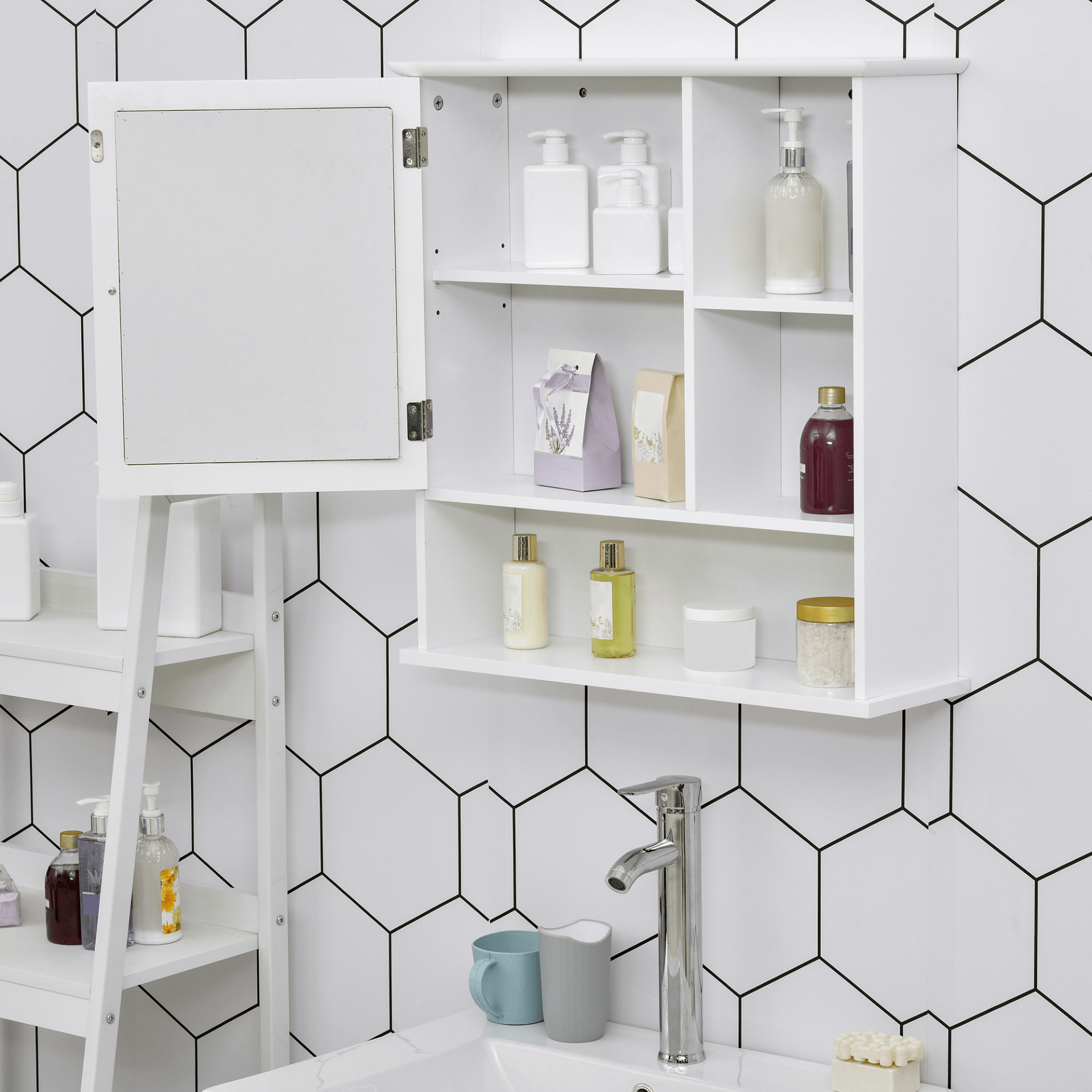 Wall Mount Bathroom Cabinet with Adjustable Shelves, White cabinet with mirror and adjustable shelves, perfect for bathroom, kitchen, or bedroom storage. Stylish design with ample storage space.