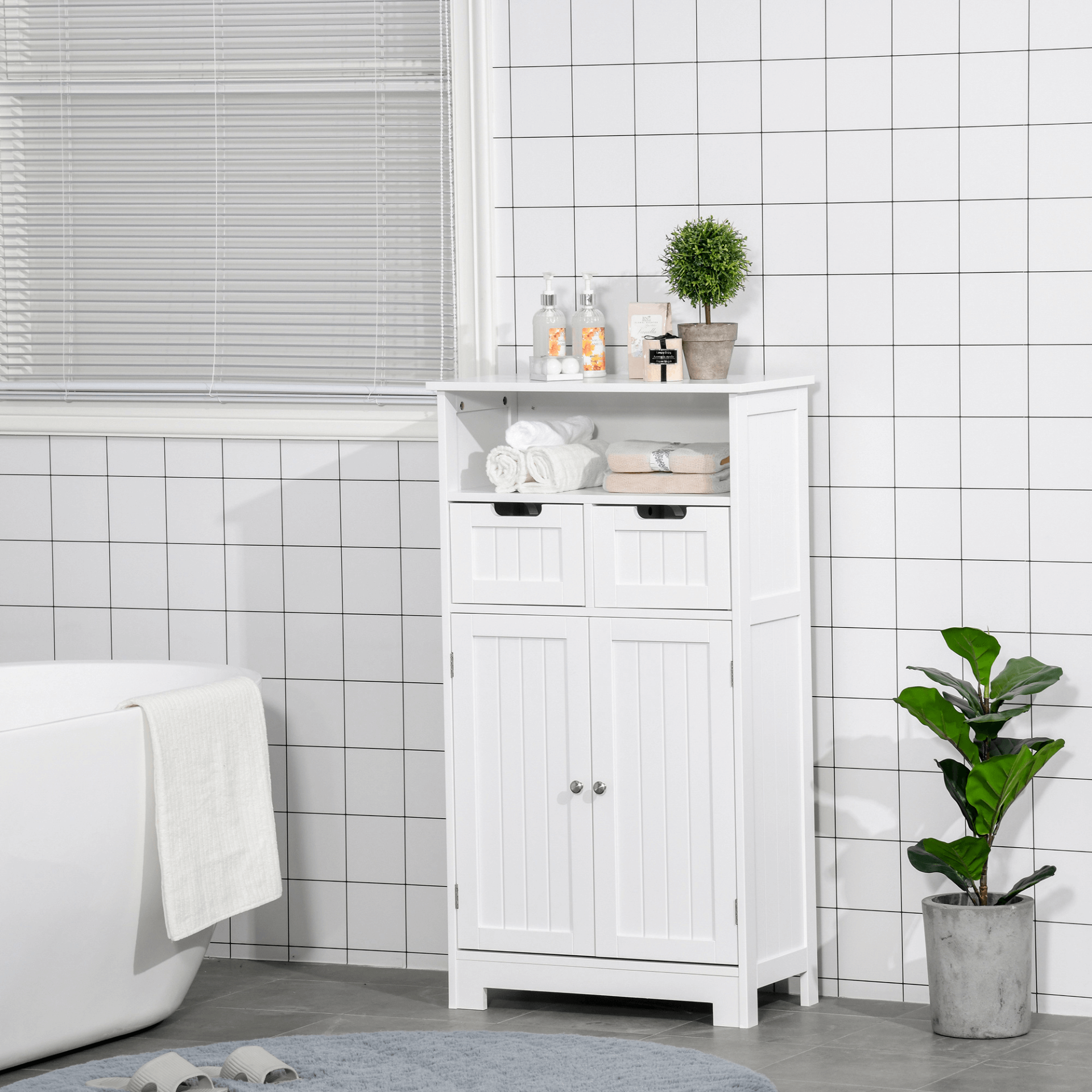 Sleek & Spacious kleankin Bathroom Floor Cabinet - White, Transform your bathroom with the kleankin Free Standing Floor Cabinet. Features ample storage, adjustable shelf and drawers for a clutter-free, stylish space.