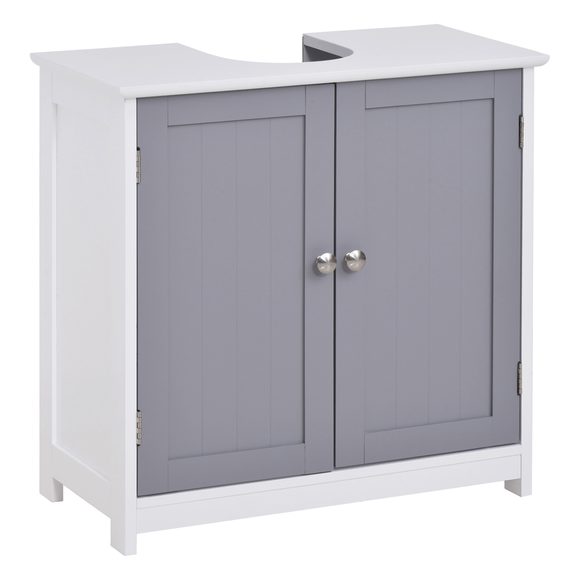 Under-Sink Storage Cabinet with Adjustable Shelf - 60x60cm, Maximize bathroom storage with a space-saving under-sink cabinet. Features an adjustable shelf and drain hole. Stylish white and grey finish.