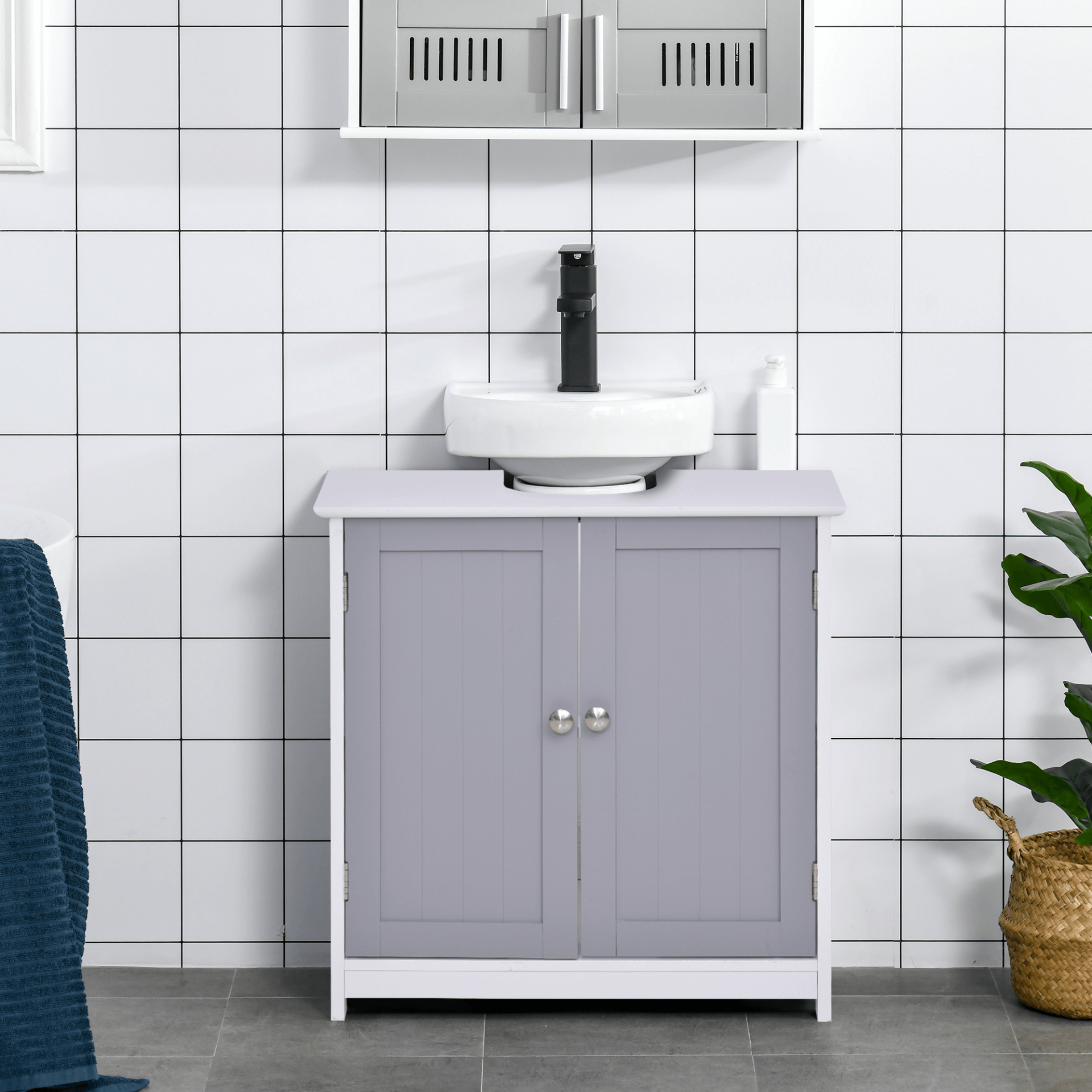 Under-Sink Storage Cabinet with Adjustable Shelf - 60x60cm, Maximize bathroom storage with a space-saving under-sink cabinet. Features an adjustable shelf and drain hole. Stylish white and grey finish.