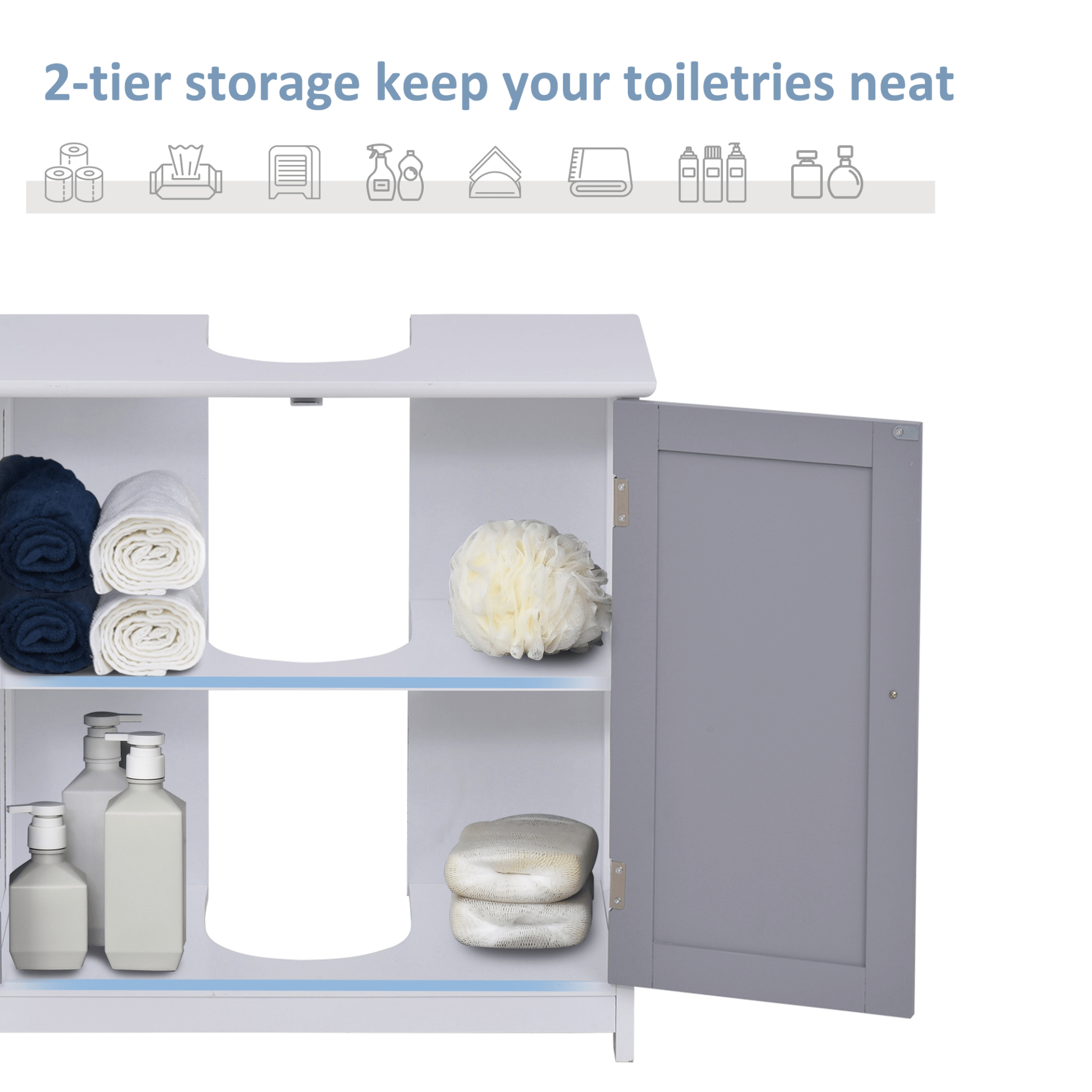 Under-Sink Storage Cabinet with Adjustable Shelf - 60x60cm, Maximize bathroom storage with a space-saving under-sink cabinet. Features an adjustable shelf and drain hole. Stylish white and grey finish.