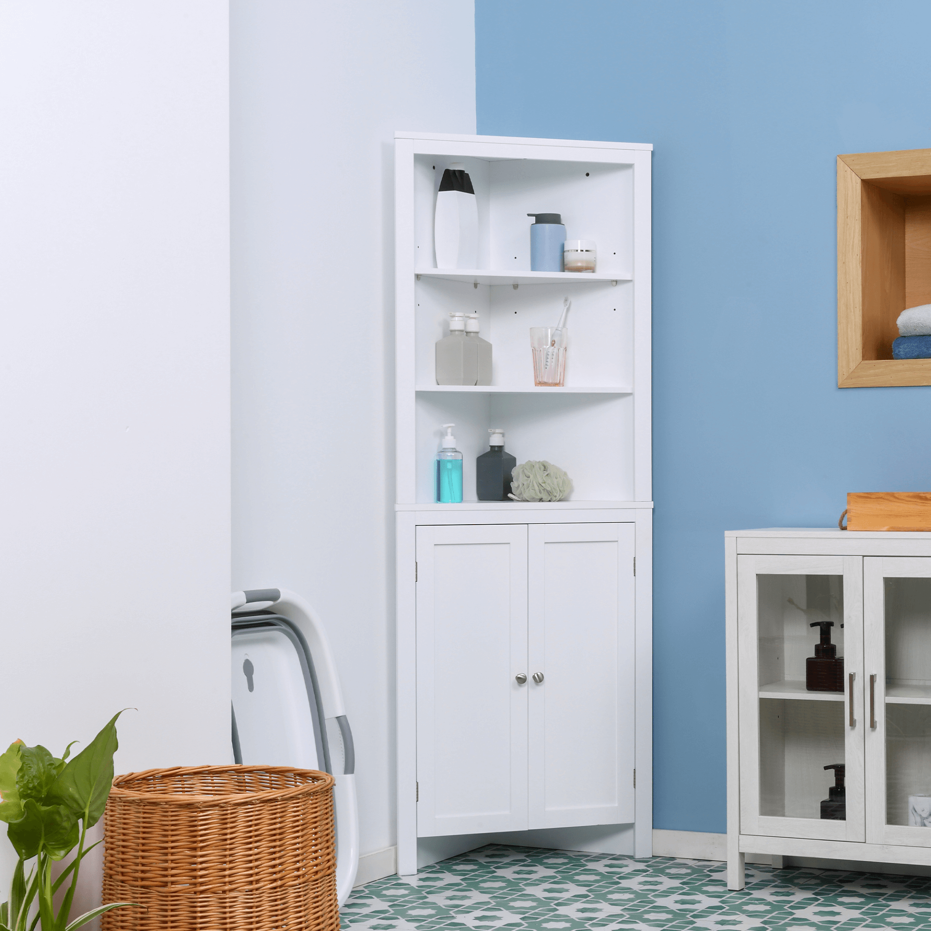 kleankin Triangle Bathroom Cabinet - Space-Saving Storage, Optimize your space with the stylish kleankin Triangle Cabinet, featuring 3-tier shelves and a spacious cupboard for all your storage needs.