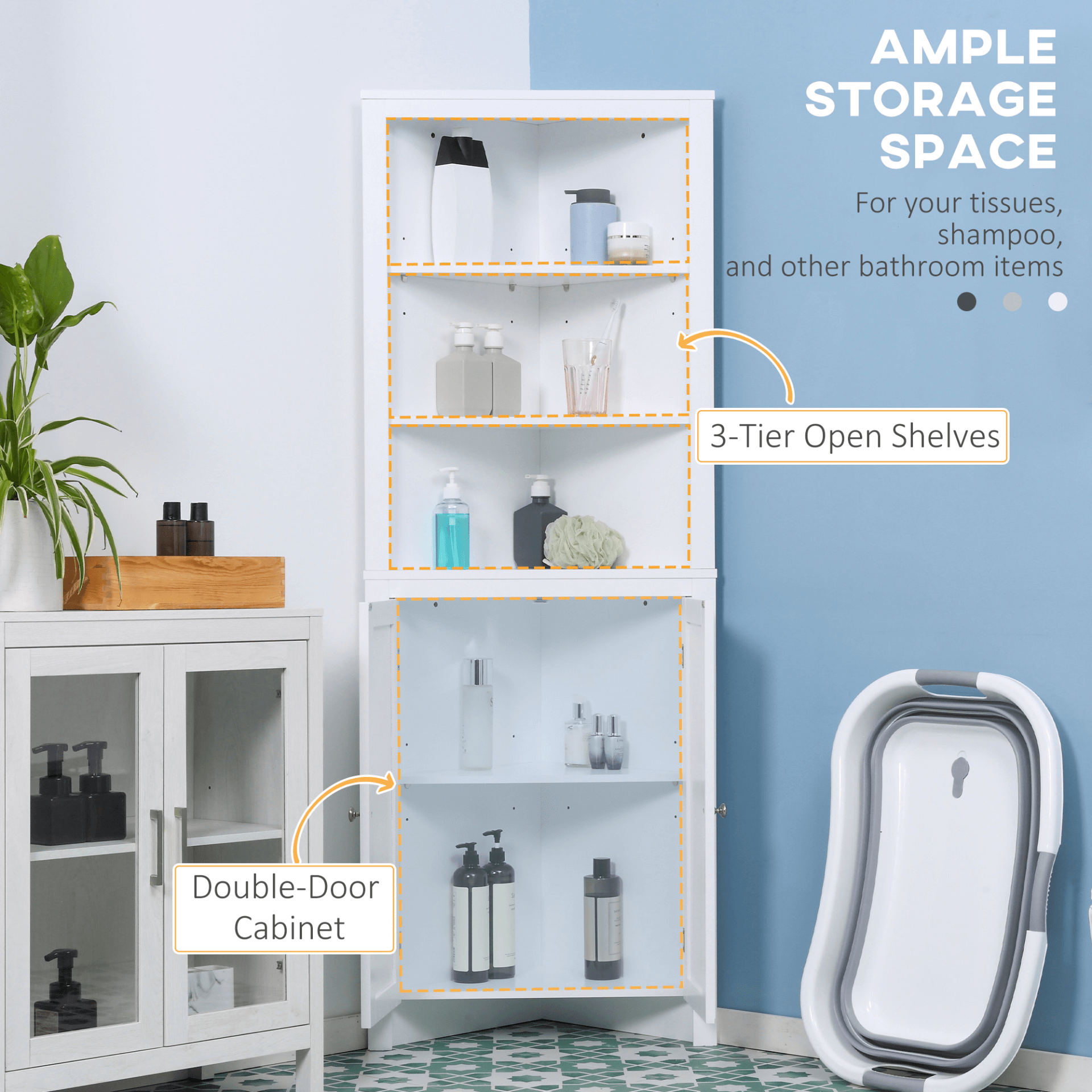 kleankin Triangle Bathroom Cabinet - Space-Saving Storage, Optimize your space with the stylish kleankin Triangle Cabinet, featuring 3-tier shelves and a spacious cupboard for all your storage needs.