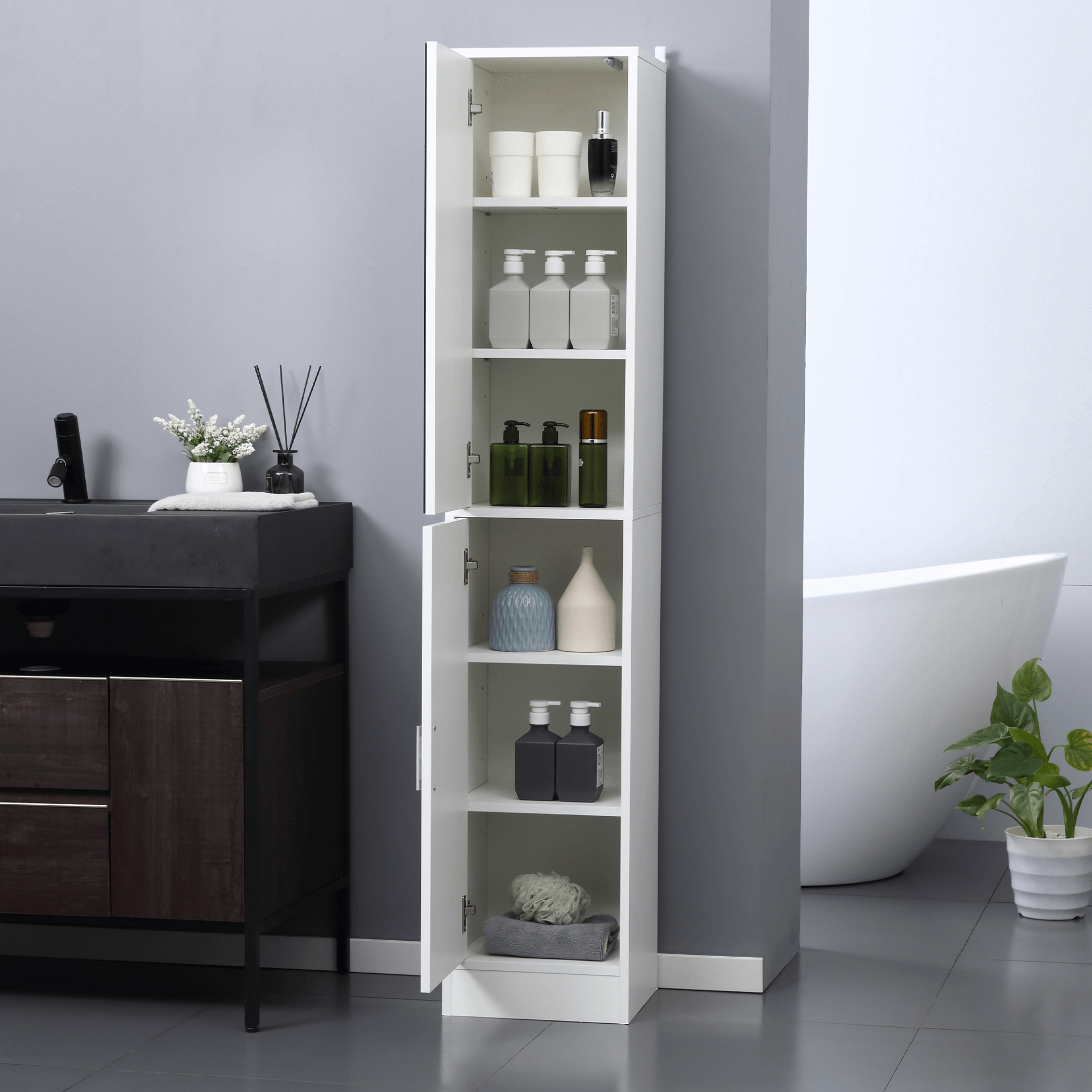 Tall Mirrored Bathroom Cabinet – Space-Saving Storage, Maximize your bathroom space with the sleek Kleankin tall cabinet featuring adjustable shelves and a push-open mirror design for easy access.