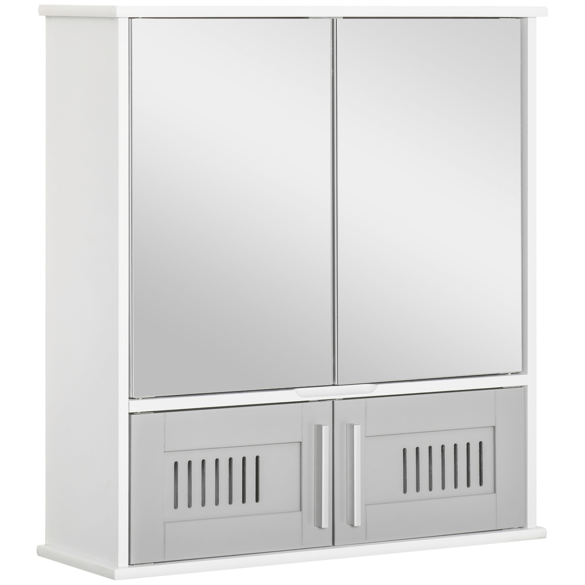 Stylish Grey Bathroom Mirror Cabinet - Wall Mounted, Upgrade your bathroom with a wall-mounted grey mirror cabinet featuring dual mirrored doors, an adjustable inner shelf, and organized storage for toiletries.