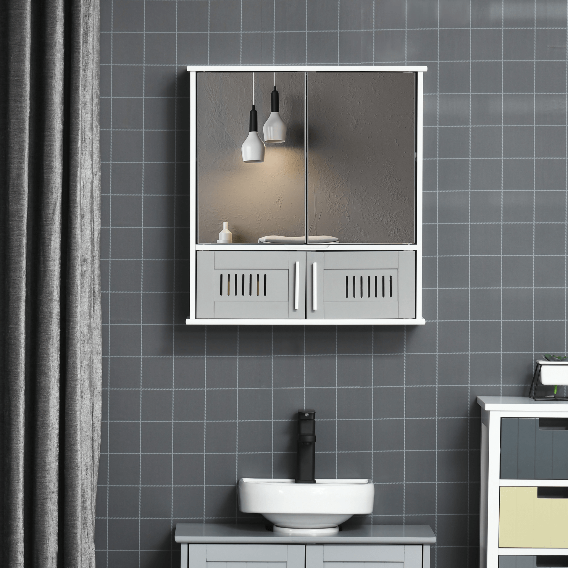 Stylish Grey Bathroom Mirror Cabinet - Wall Mounted, Upgrade your bathroom with a wall-mounted grey mirror cabinet featuring dual mirrored doors, an adjustable inner shelf, and organized storage for toiletries.